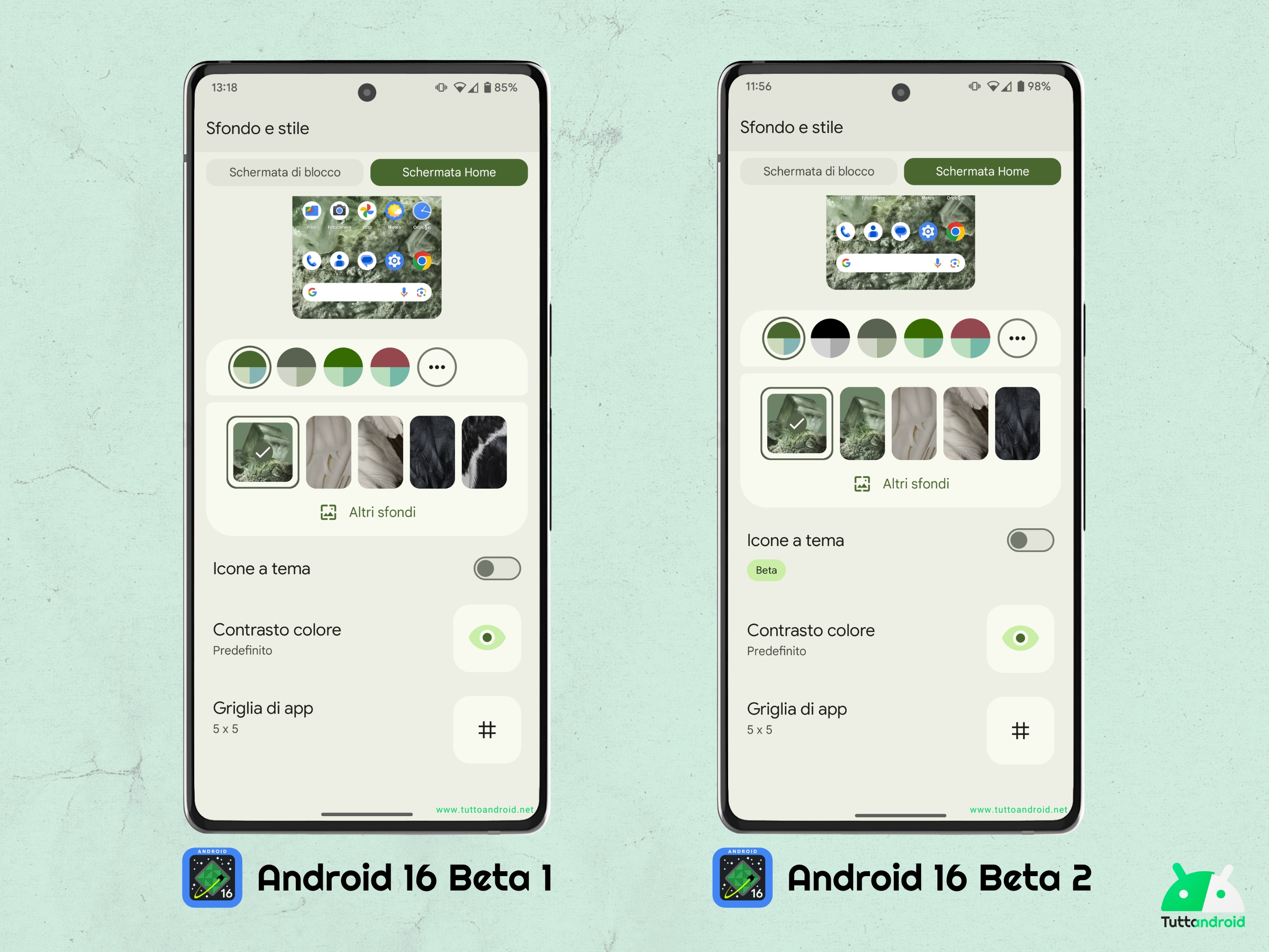 Android 16 beta 2 - Sfondo e stile - icone a tema torna in beta