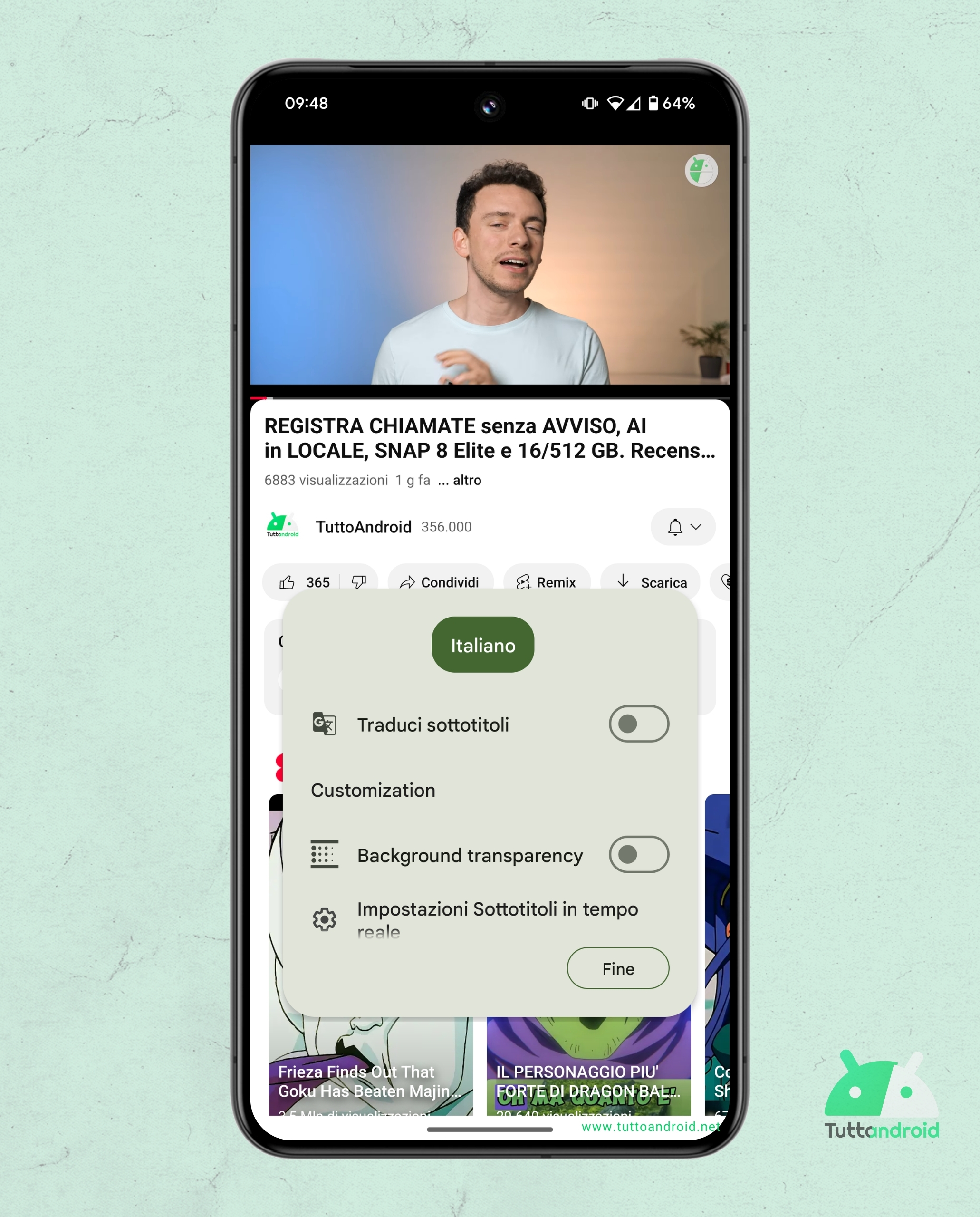 Android System Intelligence - Sottotitoli in tempo reale - Trasparenza
