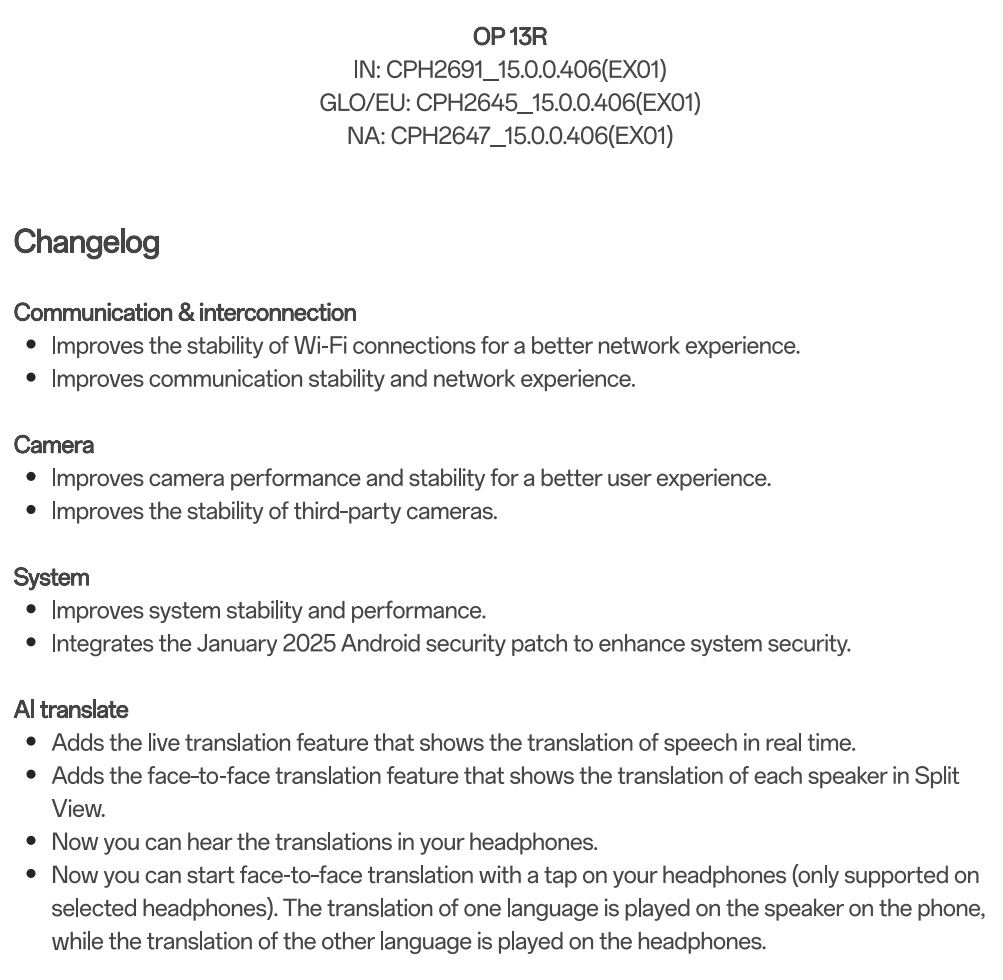 Changelog OnePlus 13R
