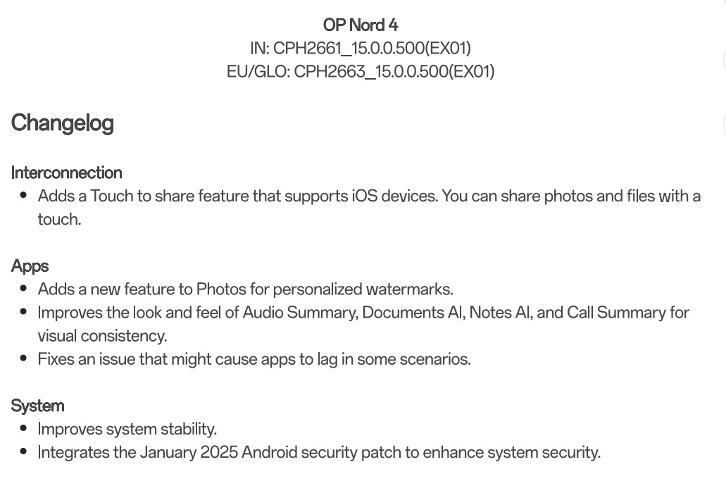 Changelog OnePlus Nord 4