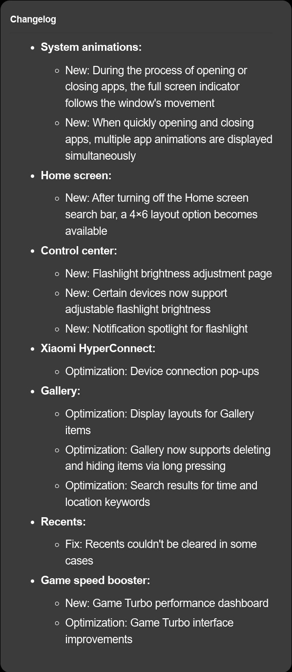 Changelog Xiaomi HyperOS 2.1