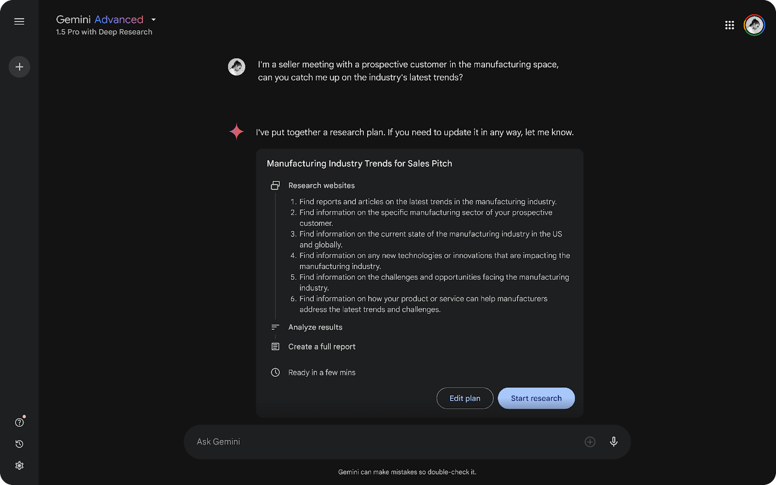 Google Gemini Advanced - demo modello 1.5 Pro with Deep Research