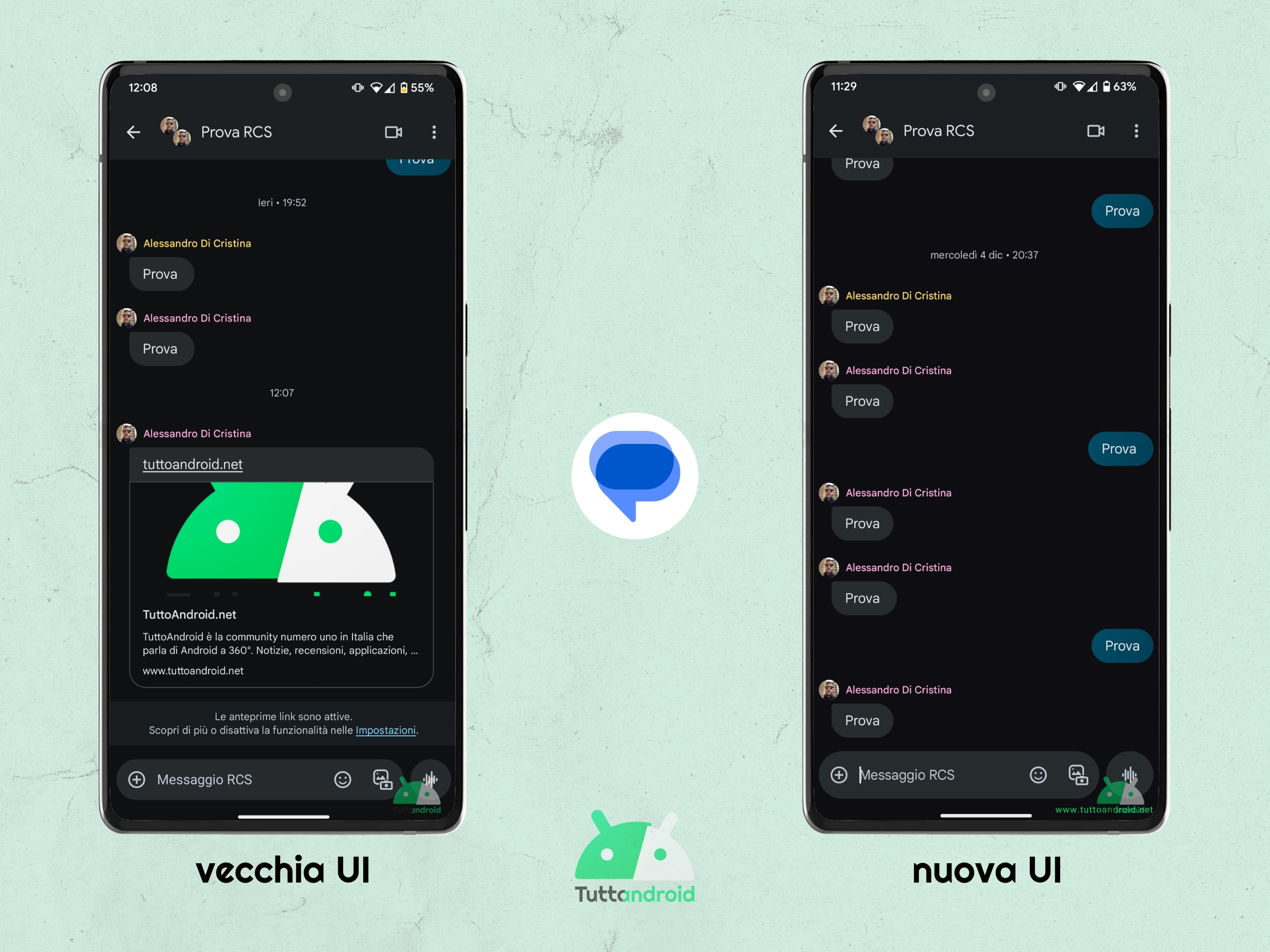 Google Messaggi 20250225 beta - vecchia vs nuova UI chat