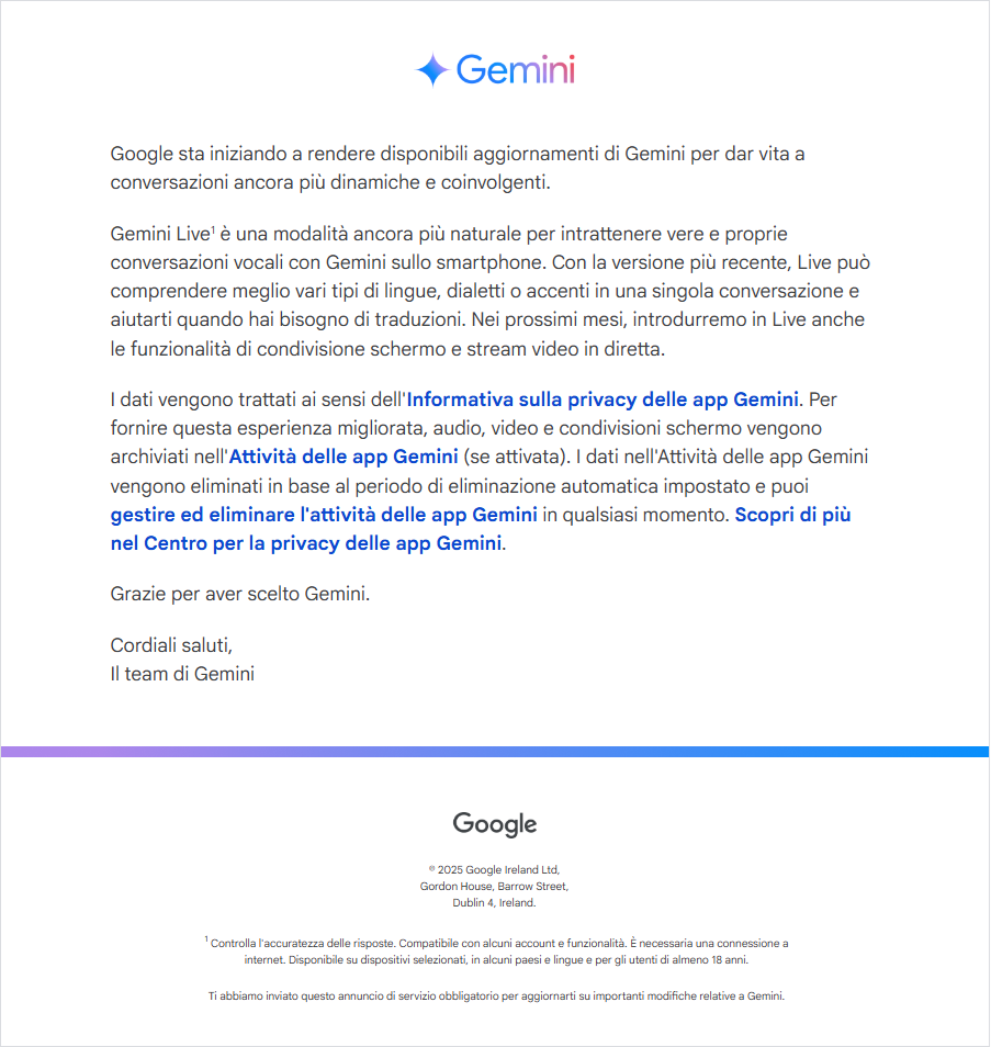 Google - email aggiornamenti Gemini febbraio 2025