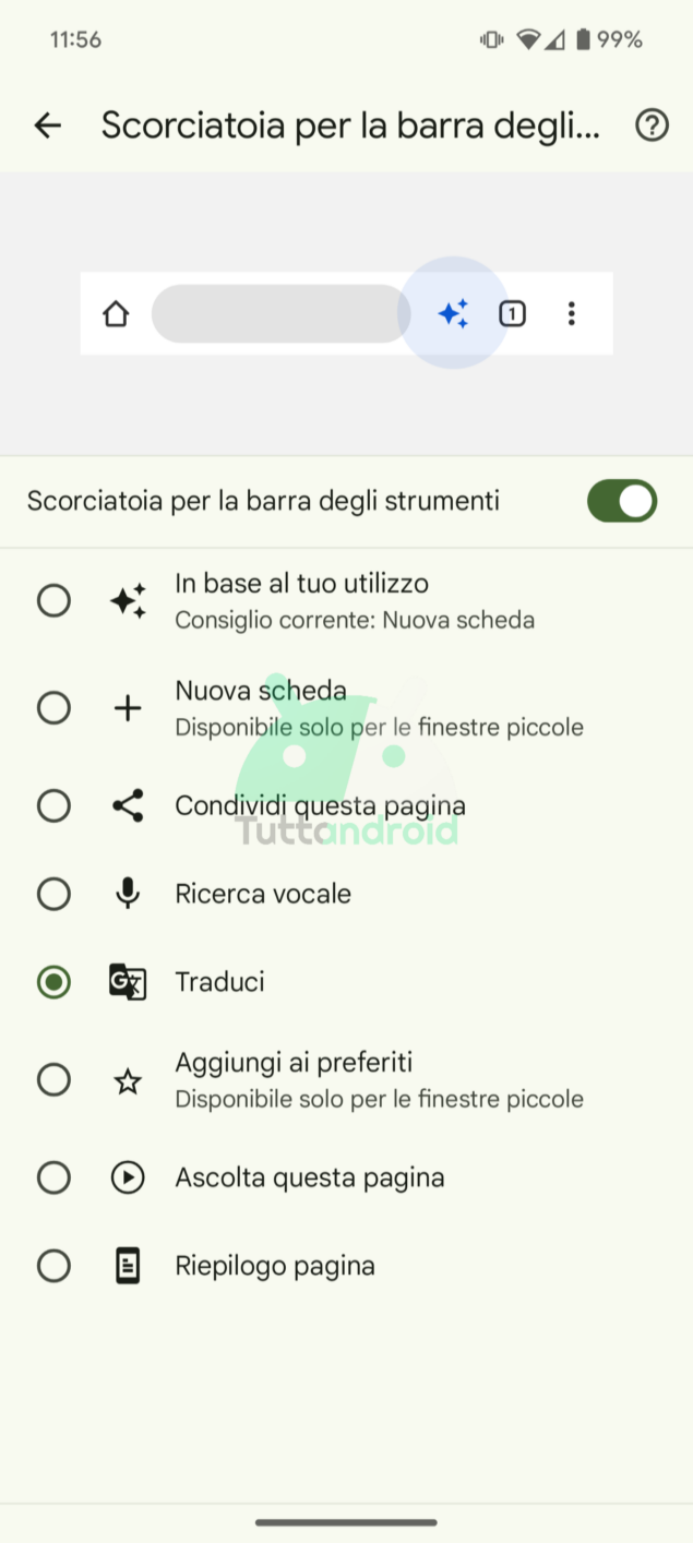 Scorciatoia per la barra degli strumenti nelle schede personalizzate di Google Chrome