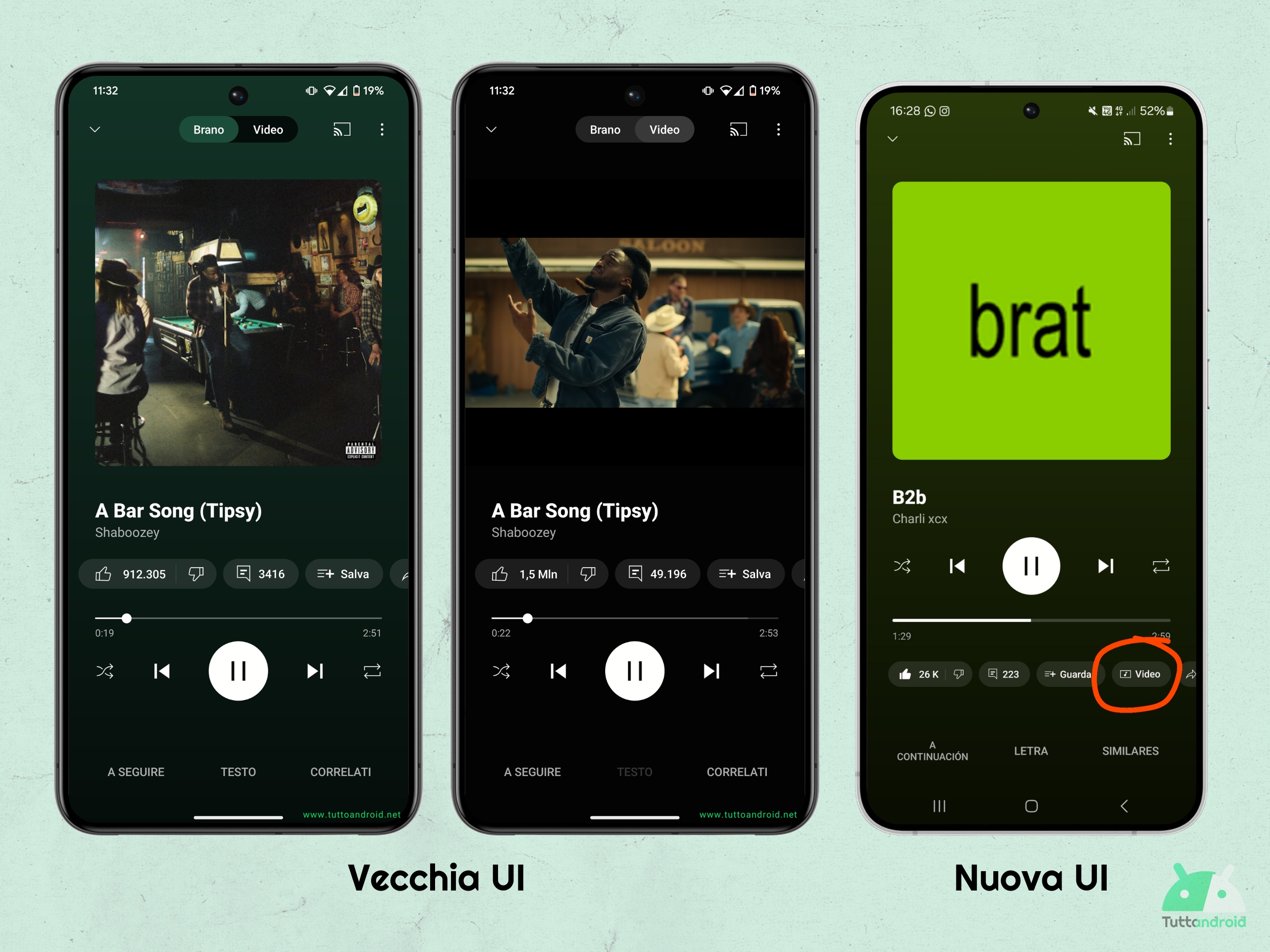 YouTube Music vecchia e nuova UI brano-video
