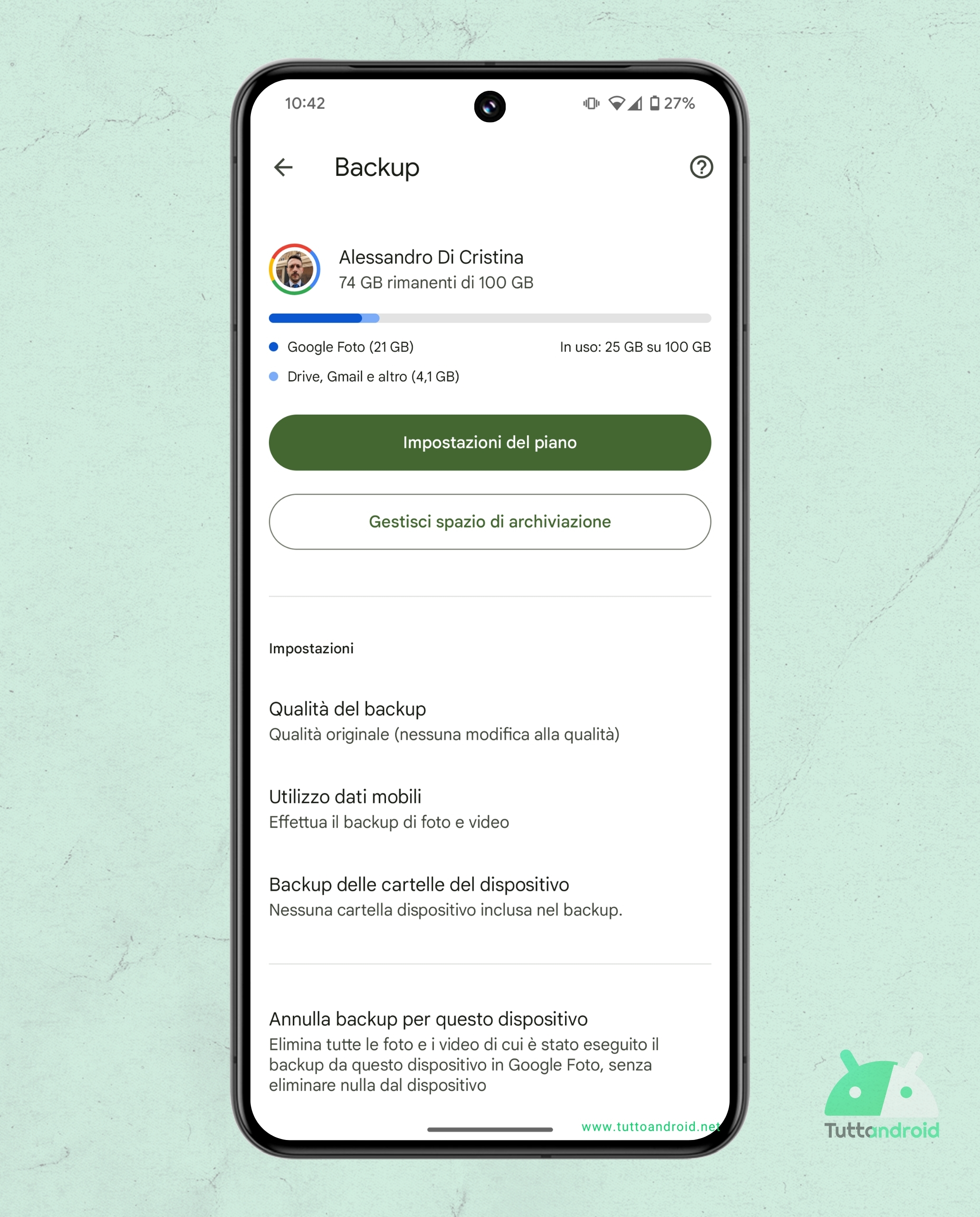 Google Foto - Annulla backup per questo dispositivo Android