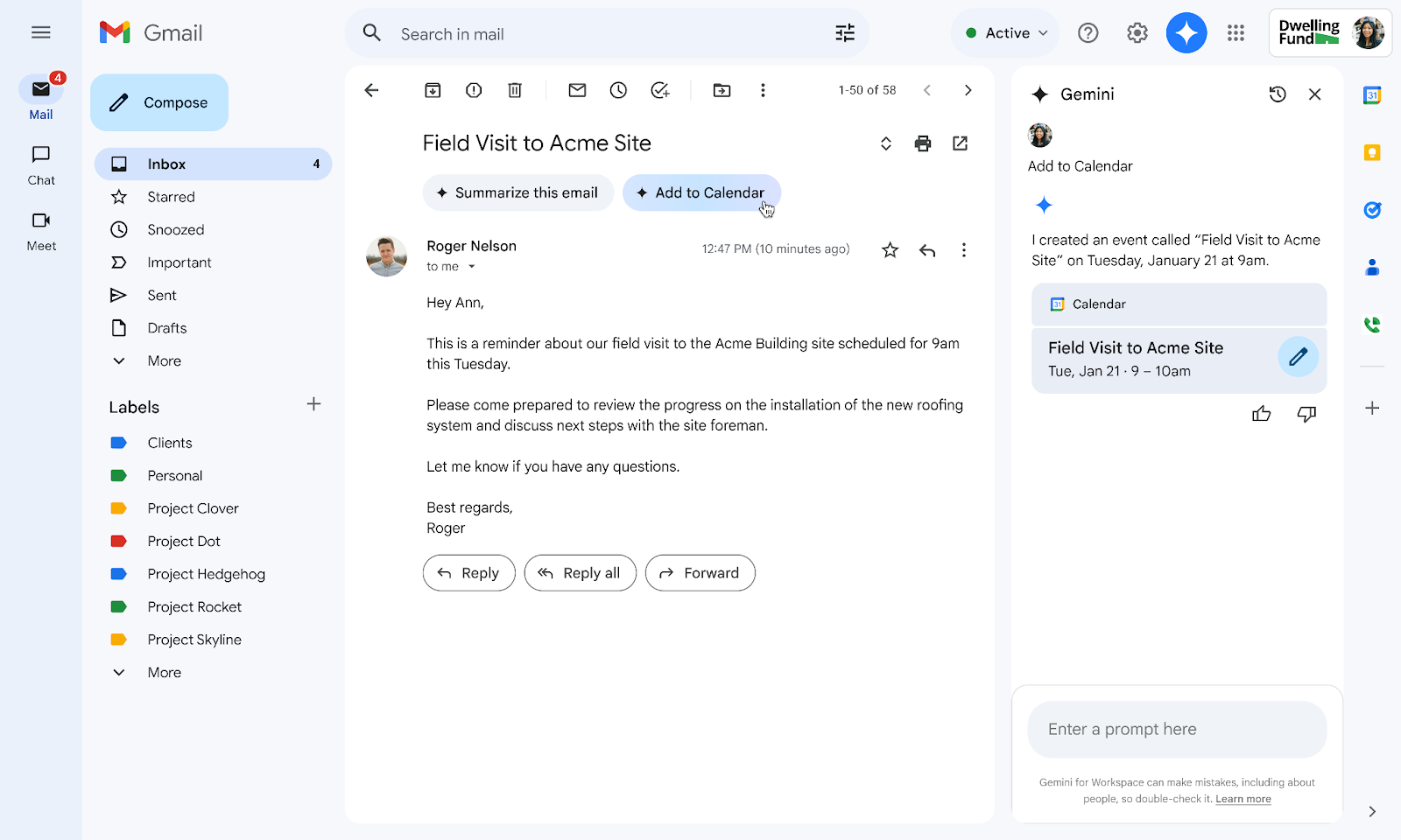 Google Gemini - aggiungi al calendario in Gmail