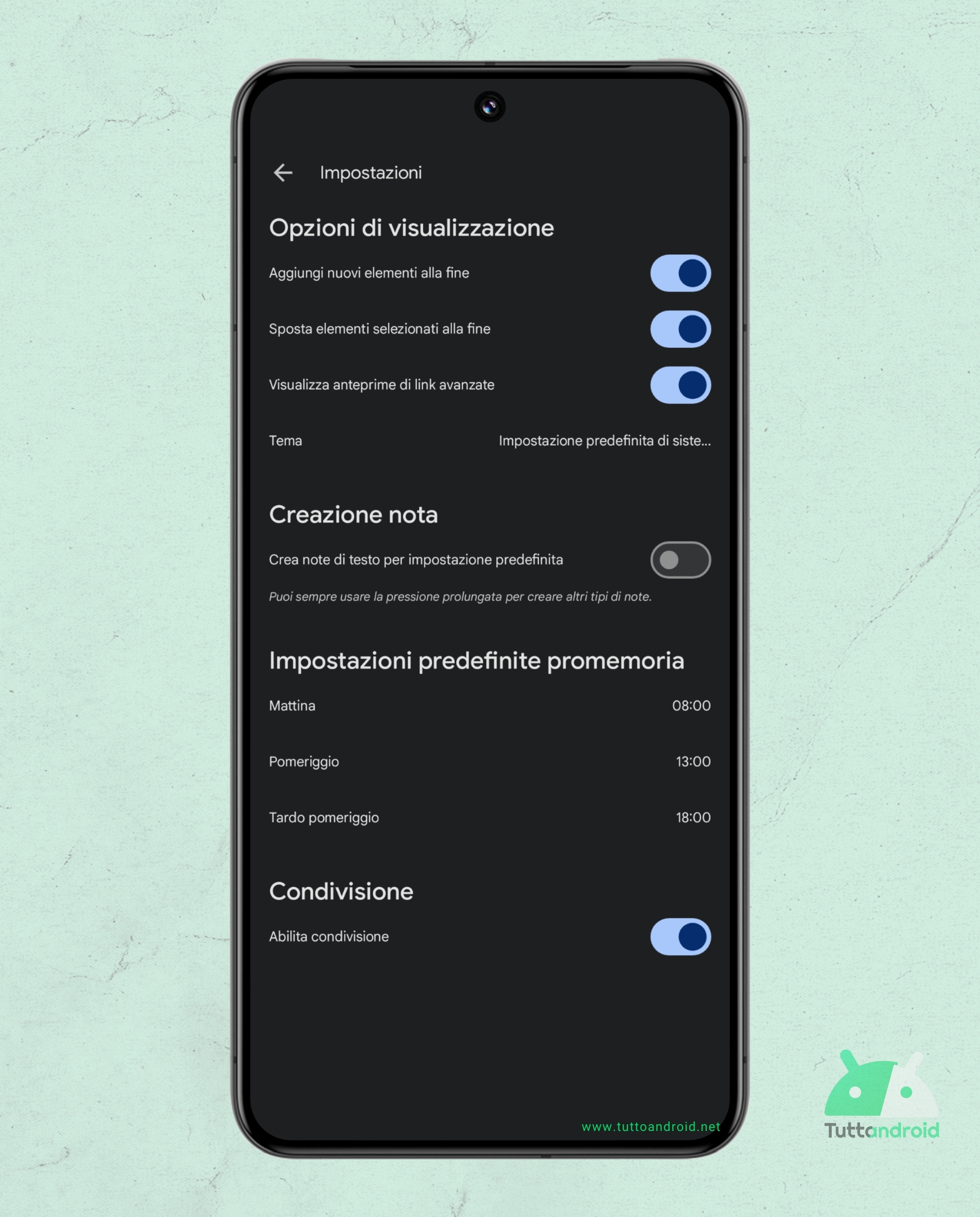 Google Keep v5.25.102.01.90 - opzioni note testuali predefinite tta