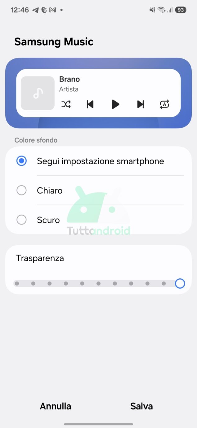 trasparenza widget Samsung Music