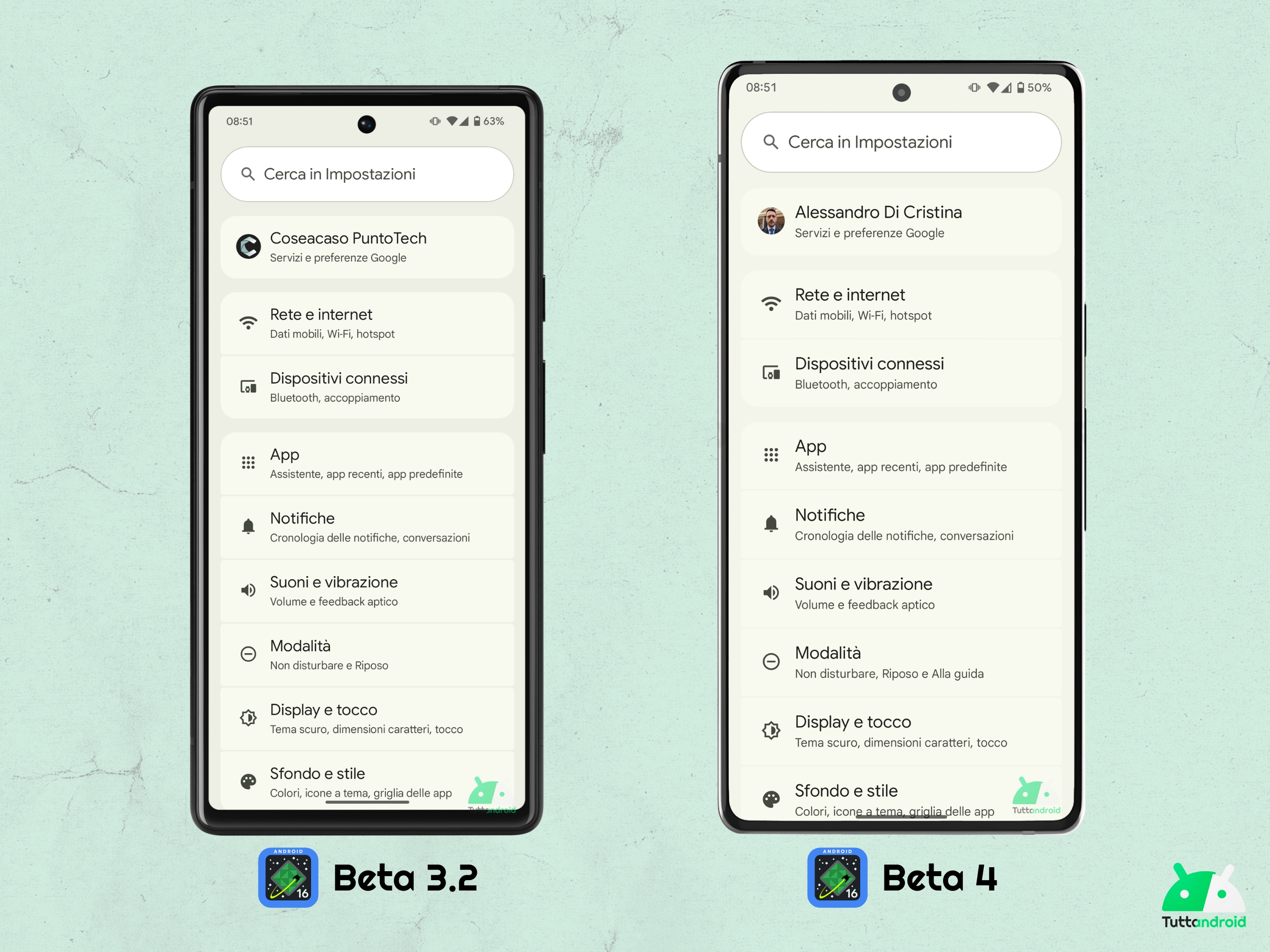 Android 16 beta 4 - Impostazioni - bug contrasto tema chiaro