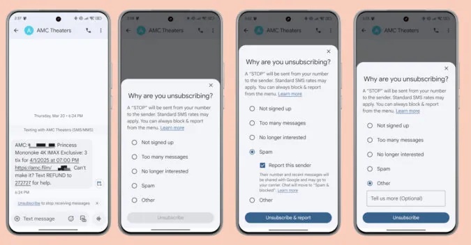 Google Messaggi annullamento iscrizione SMS marketing