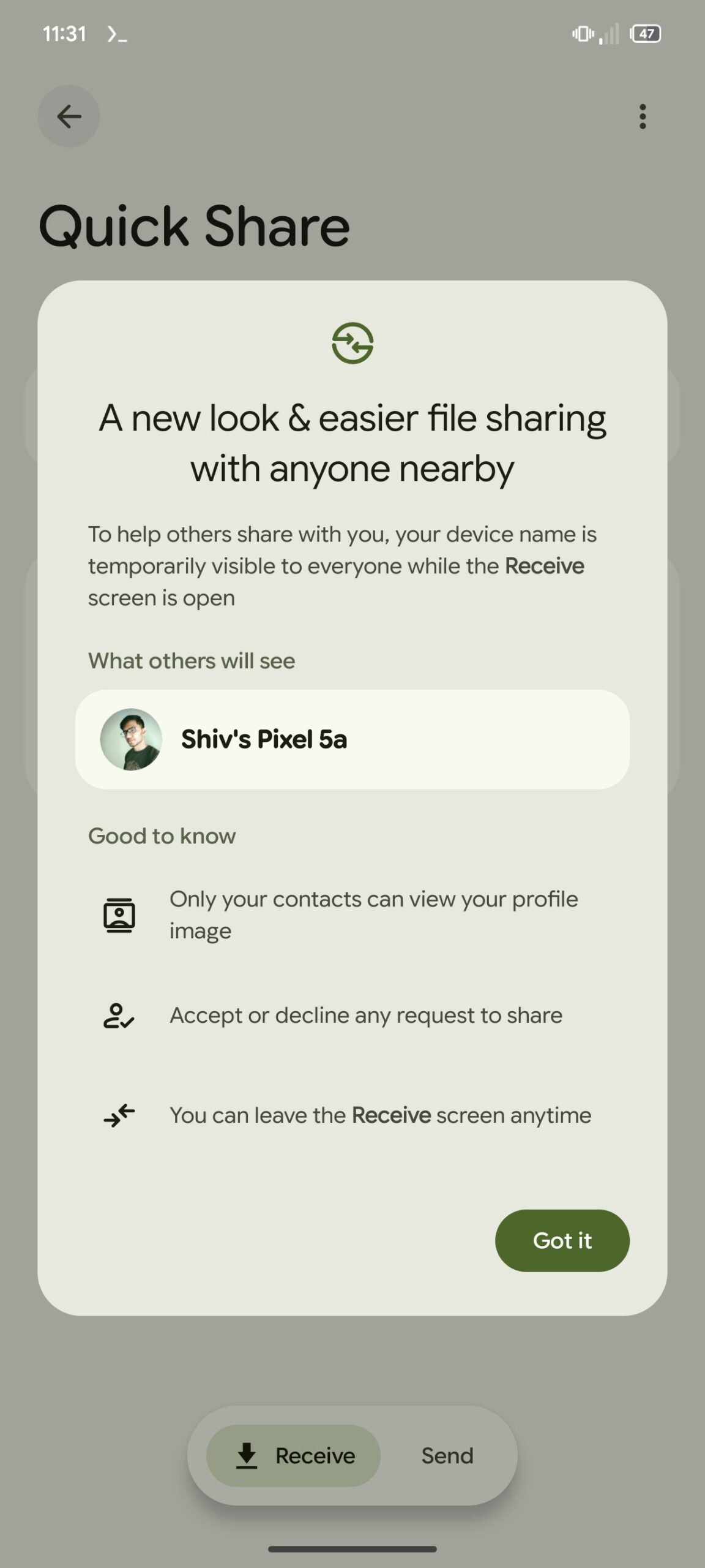 Schermata di benvenuto di Quick Share con la nuova UI