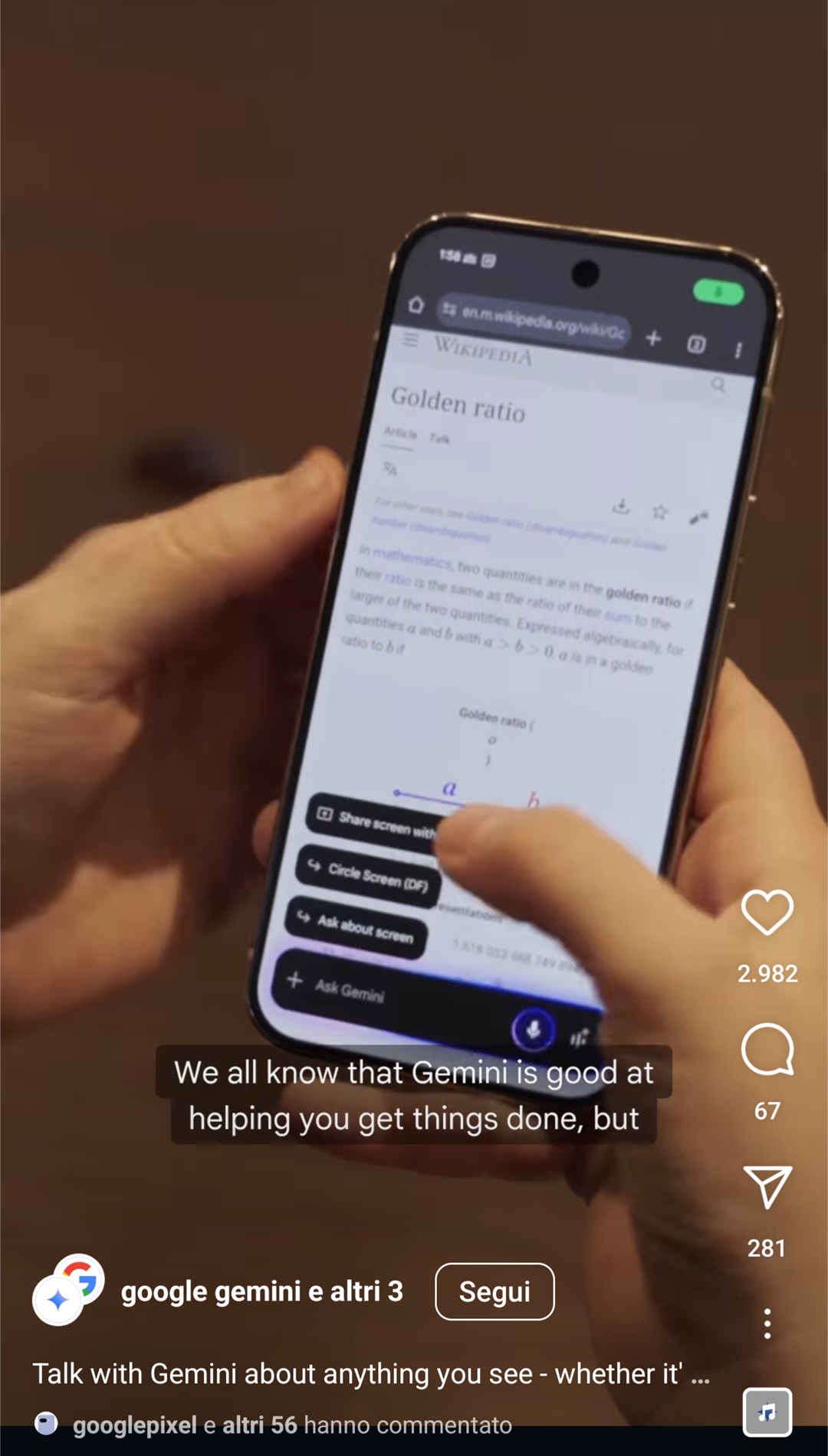 Funzionalità "Circle Screen" di Gemini in un Reel di Google