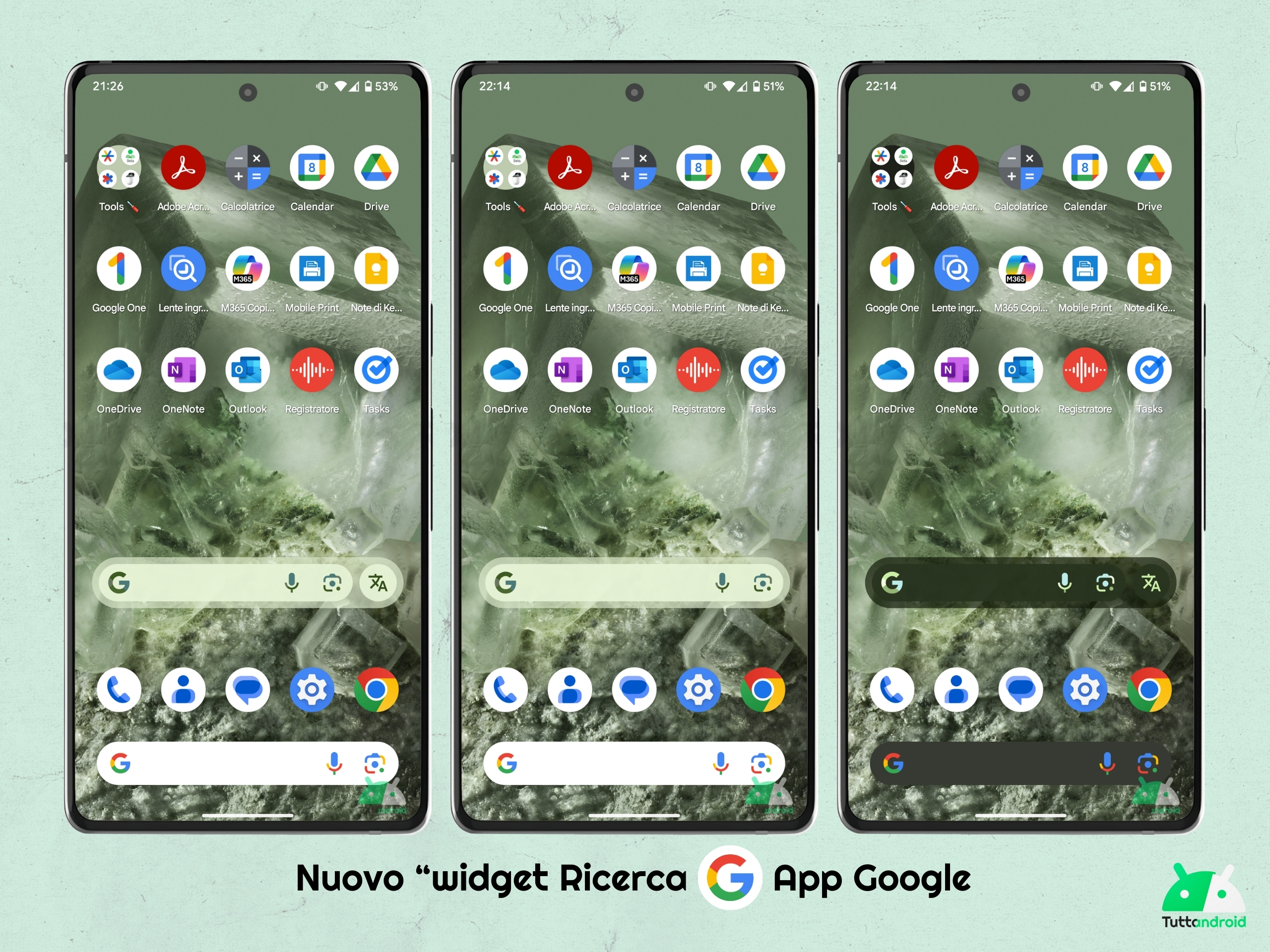 App Google v16.17.38 beta - nuovo design widget Ricerca Google con tema chiaro, senza scorciatoia e con tema scuro