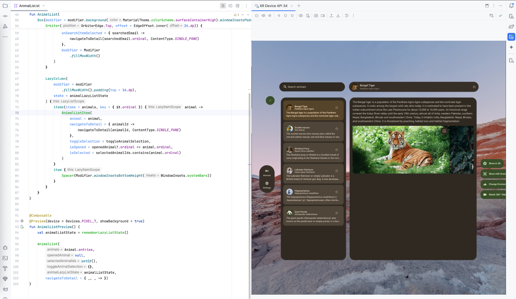 Emulatore Android XR integrato in Android Studio