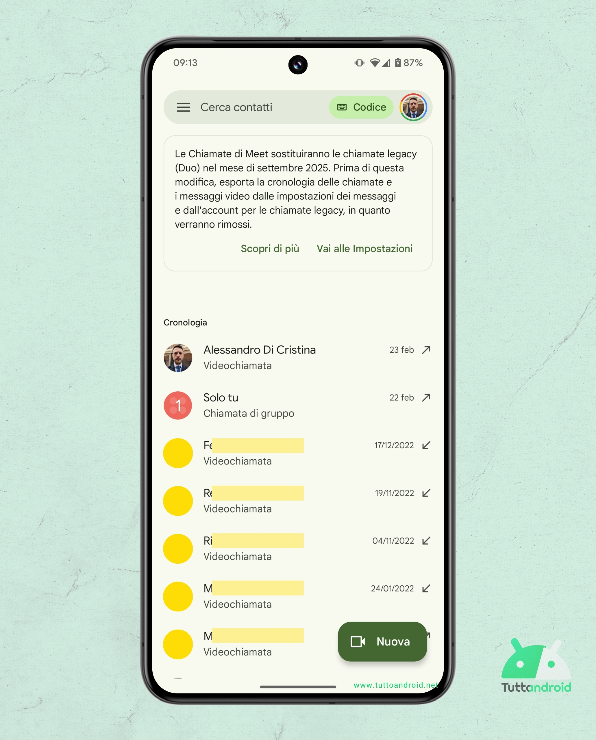 Google Meet per Android - dismissione chiamate Legacy Google Duo