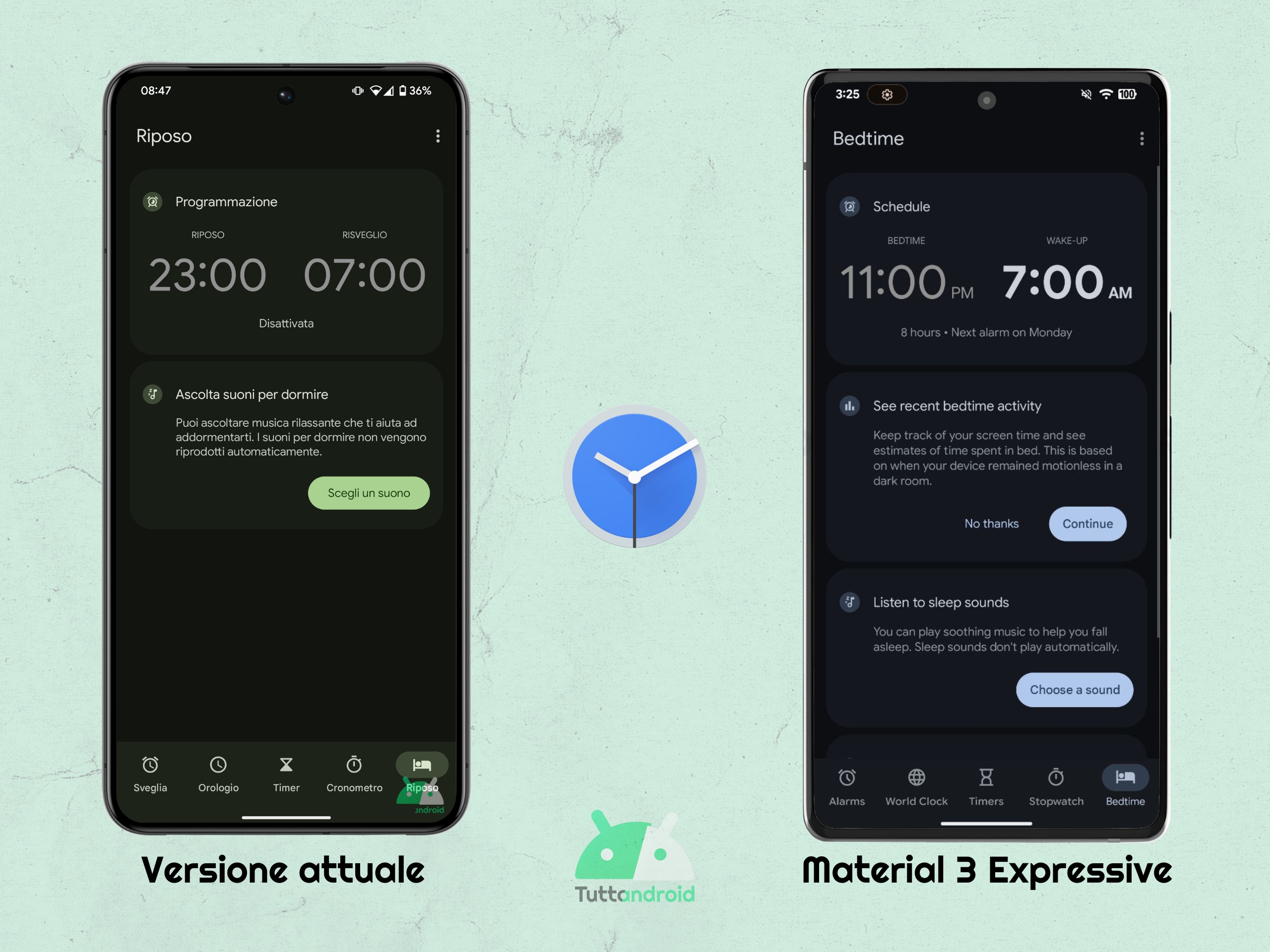 Google Orologio - confronto versione attuale con futura versione Material 3 Expressive - scheda "Riposo"