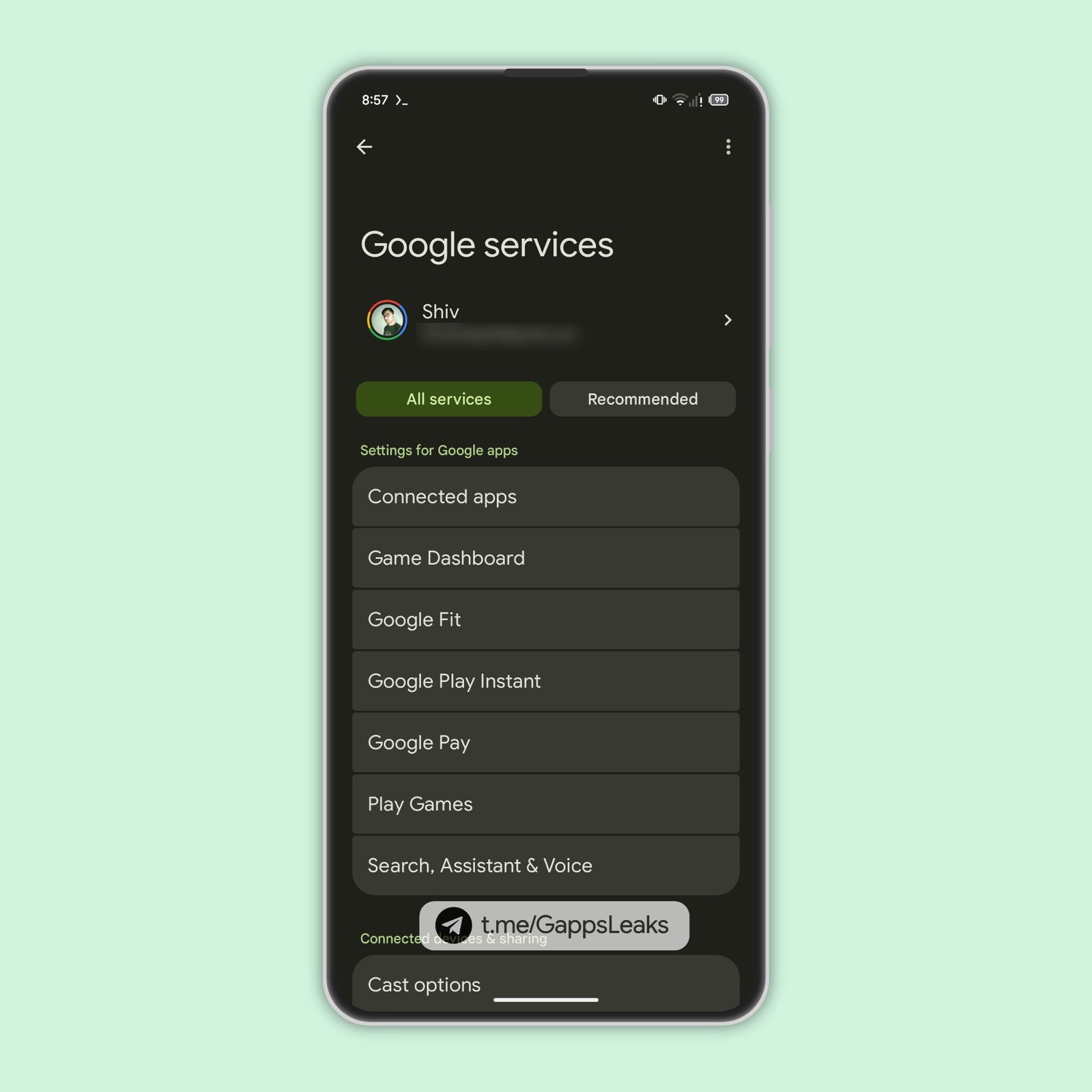 Google Play Services v25.20.35 beta - Scambio di posto schede Servizi Google