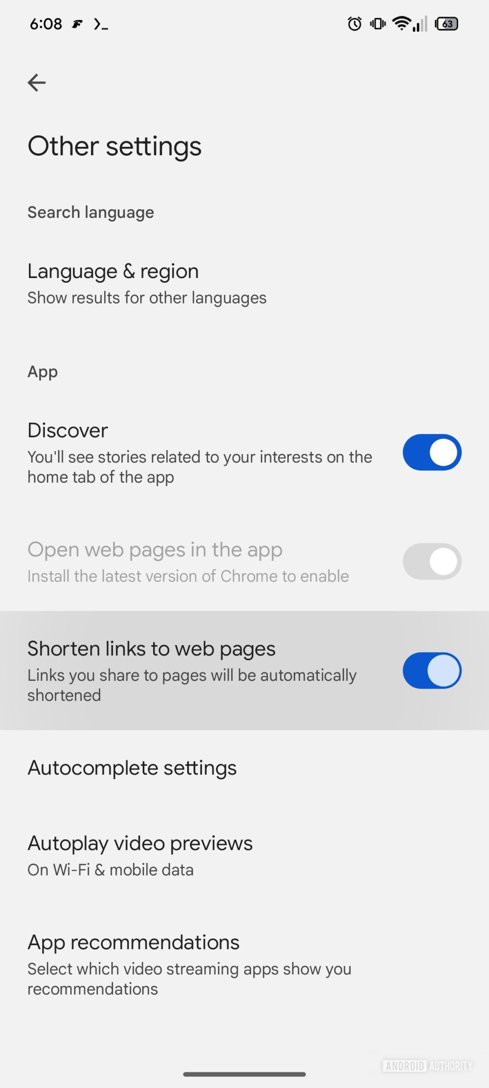App Google v16.23.69 beta - opzione link brevi Google Discover AA