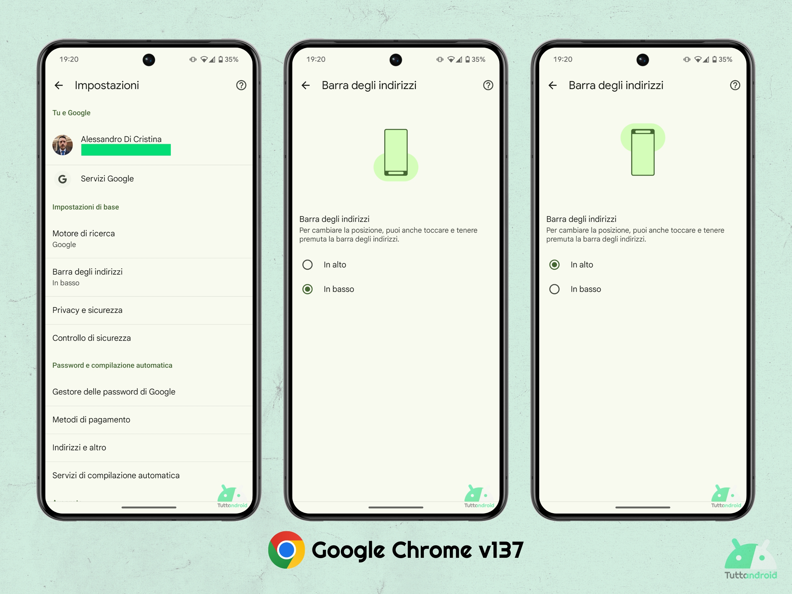 Google Chrome v137 - Barra degli indirizzi in basso