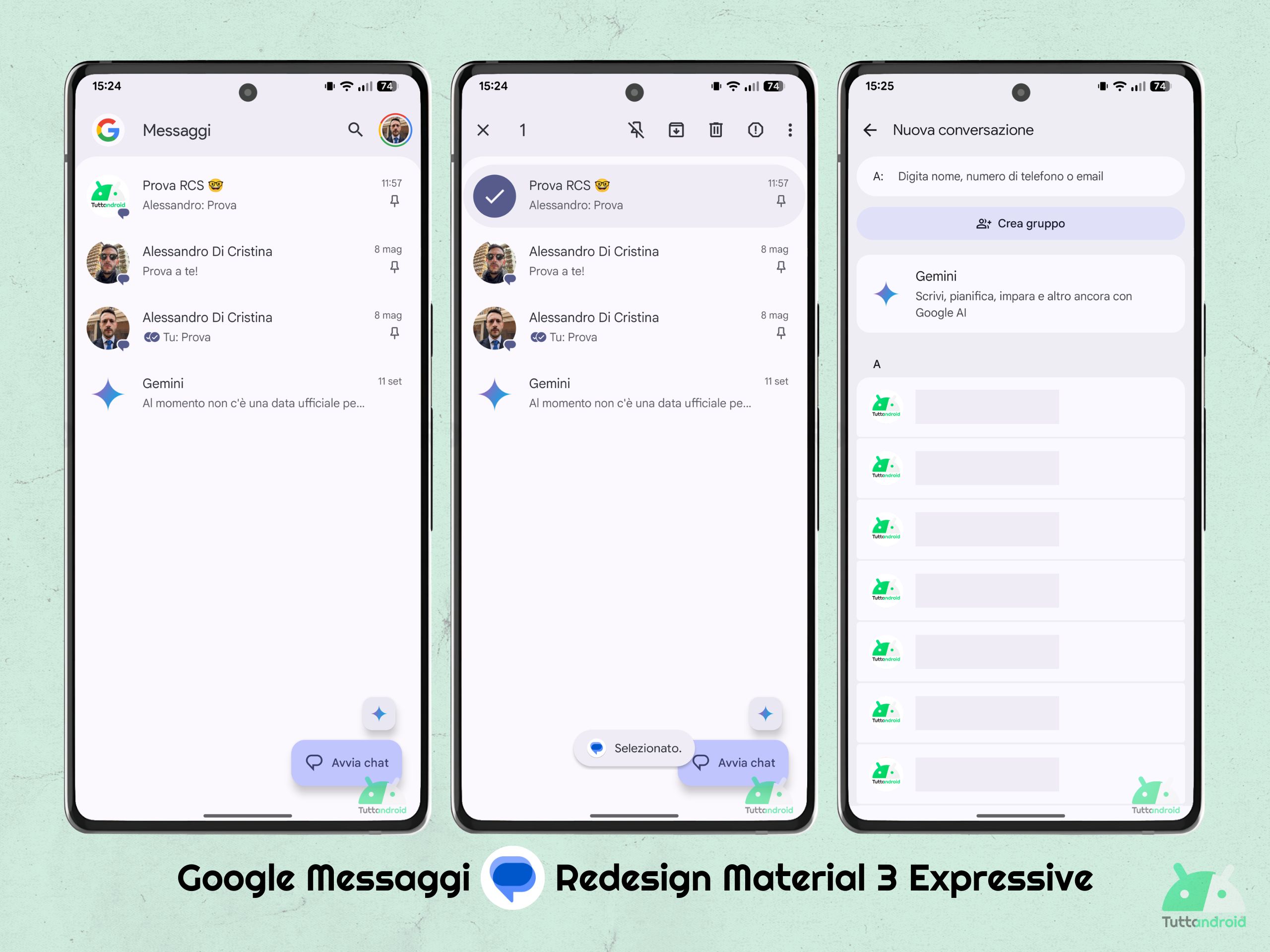 Google Messaggi v202505602_05_RC00 beta - Redesign Material 3 Expressive - Schermata iniziale e Avvia chat