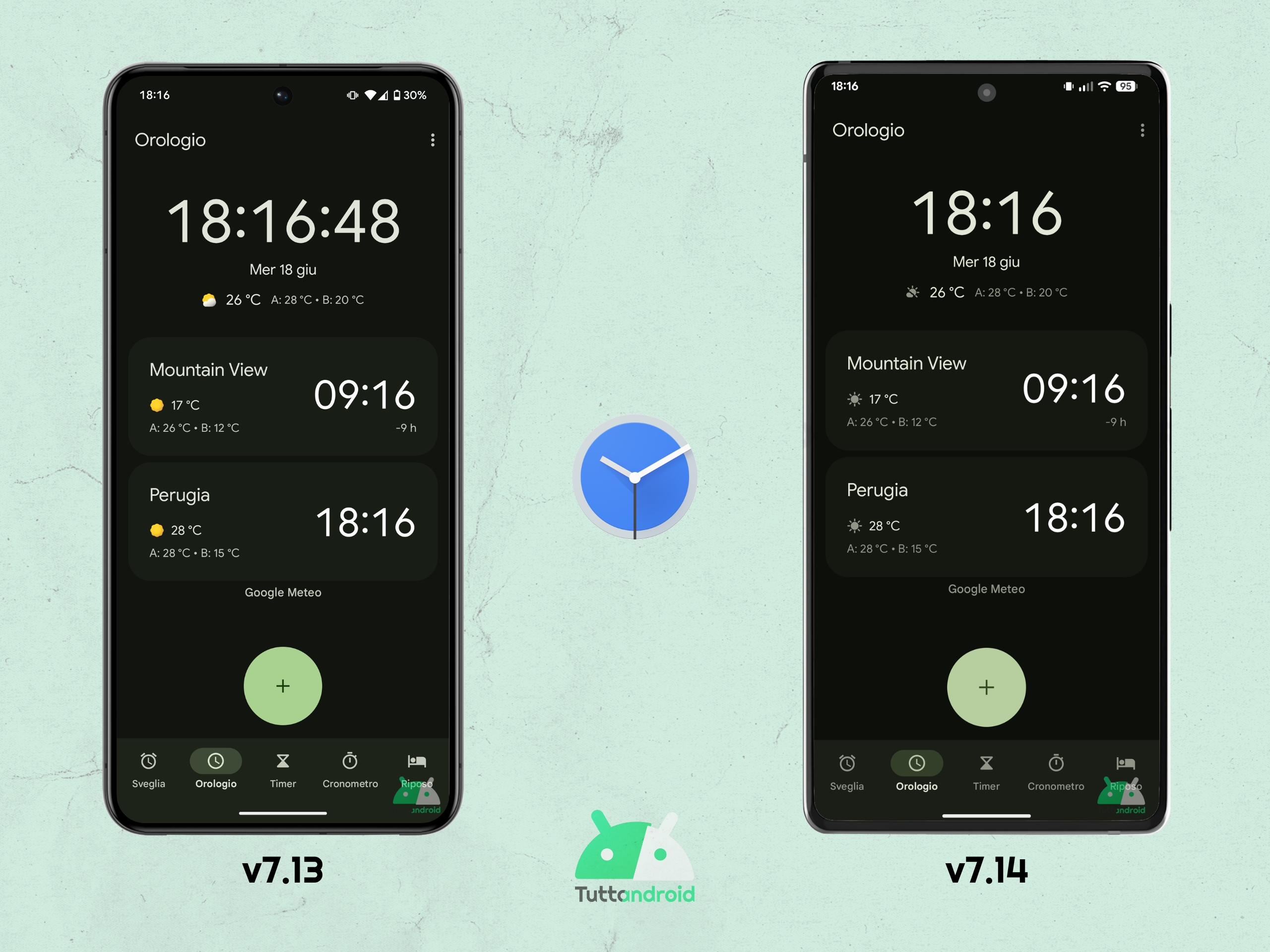Google Orologio v7.14 - Differenze nella scheda "Orologio mondiale"