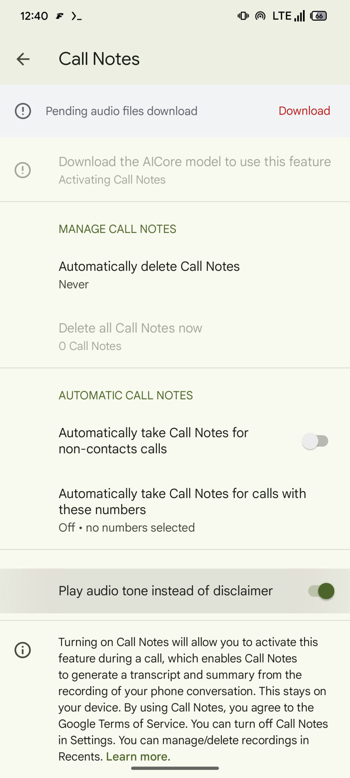Google Telefono - Call Notes dei Google Pixel 9 - Tono audio invece di disclaimer
