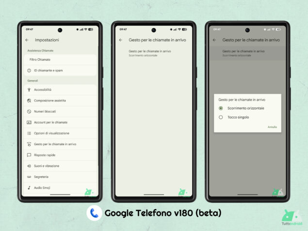 Google Telefono v180 publicbeta - UI M3E - Gesto per le chiamate in arrivo