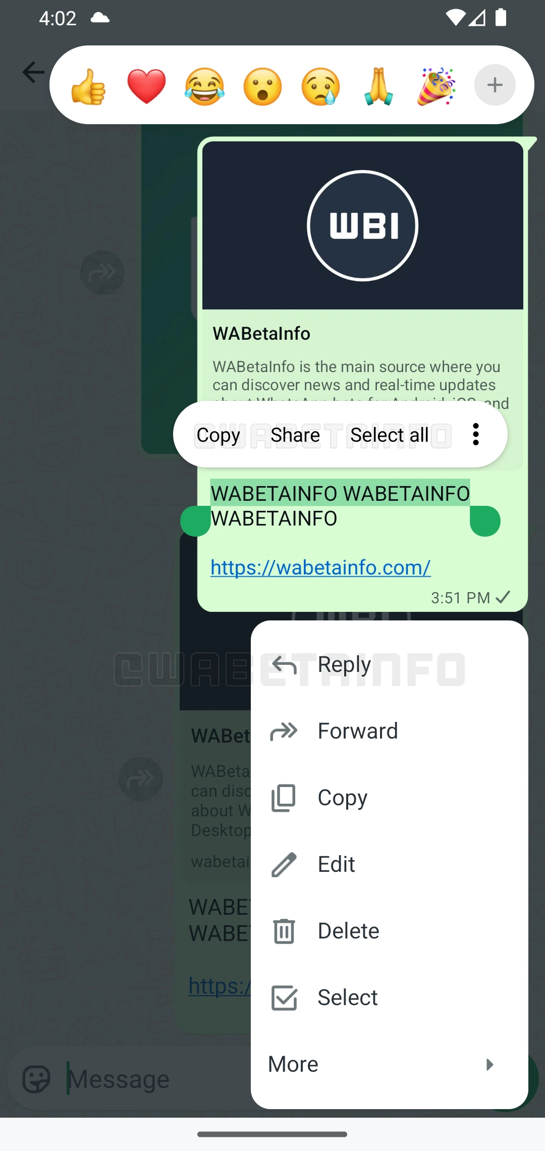 WhatsApp Beta aggiornamento copia testo messaggi