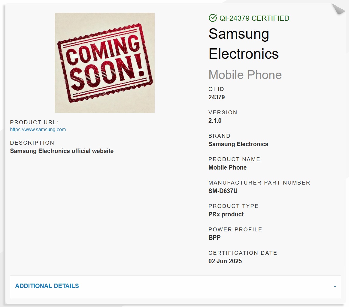 WPC QI-24379 - certificazione Qi 2.1.0 SM-D637U - Samsung Galaxy Z Fold7