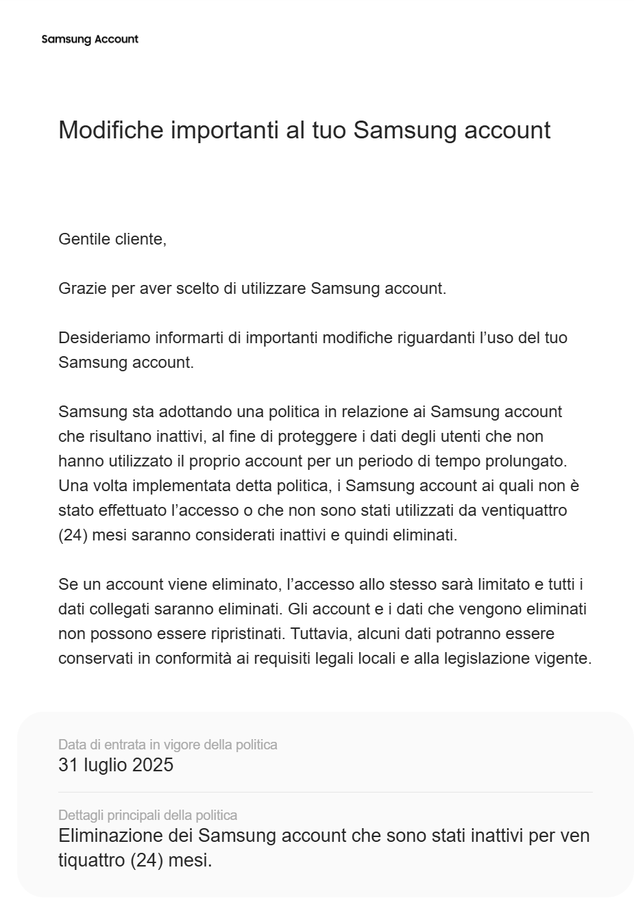 email samsung cancella account inattivi