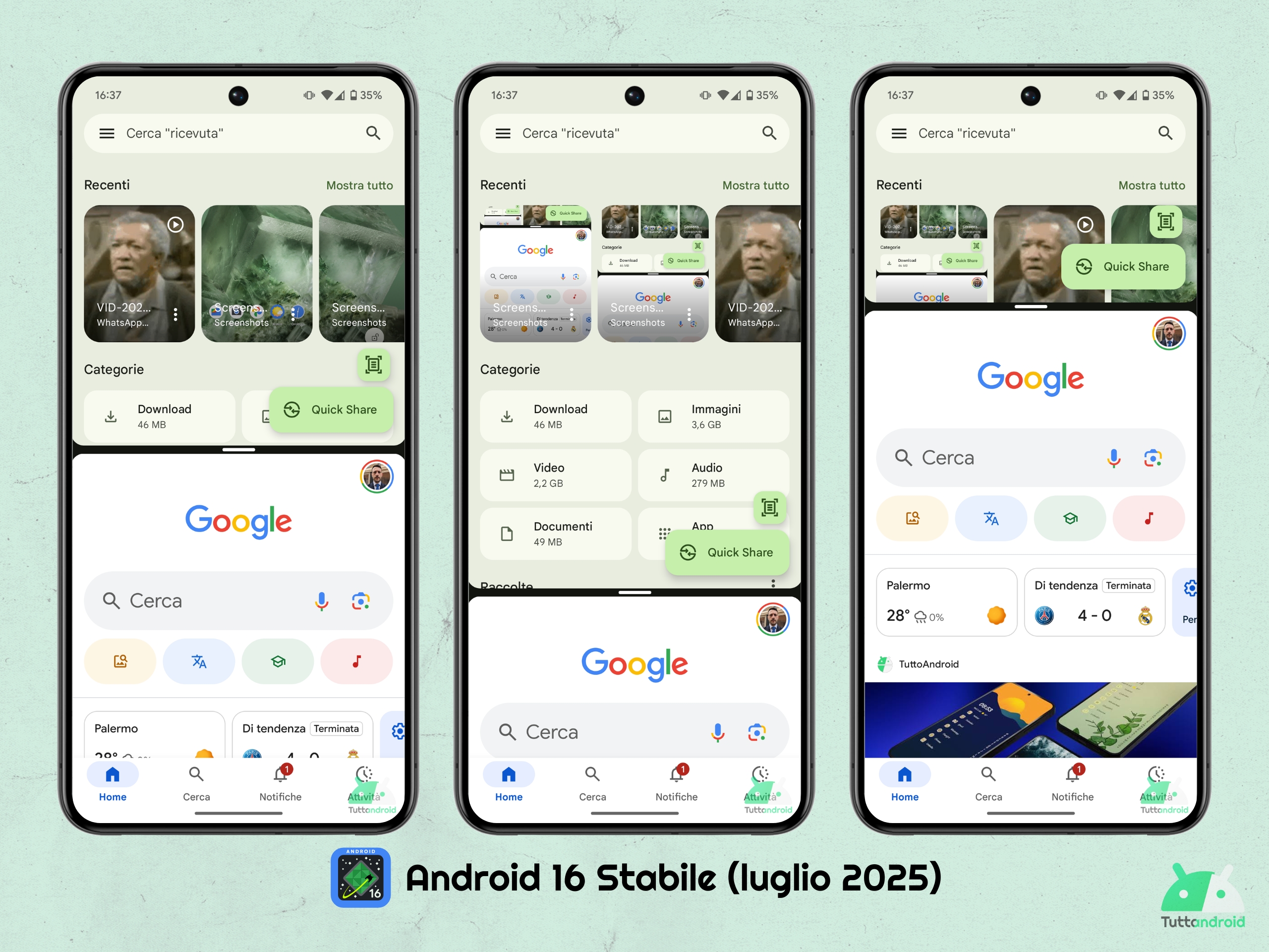 Android 16 (luglio 2025) - Multitasking 50-50 70-30 30-70