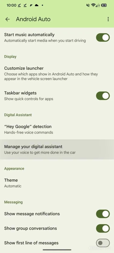 android auto impostazioni assistente