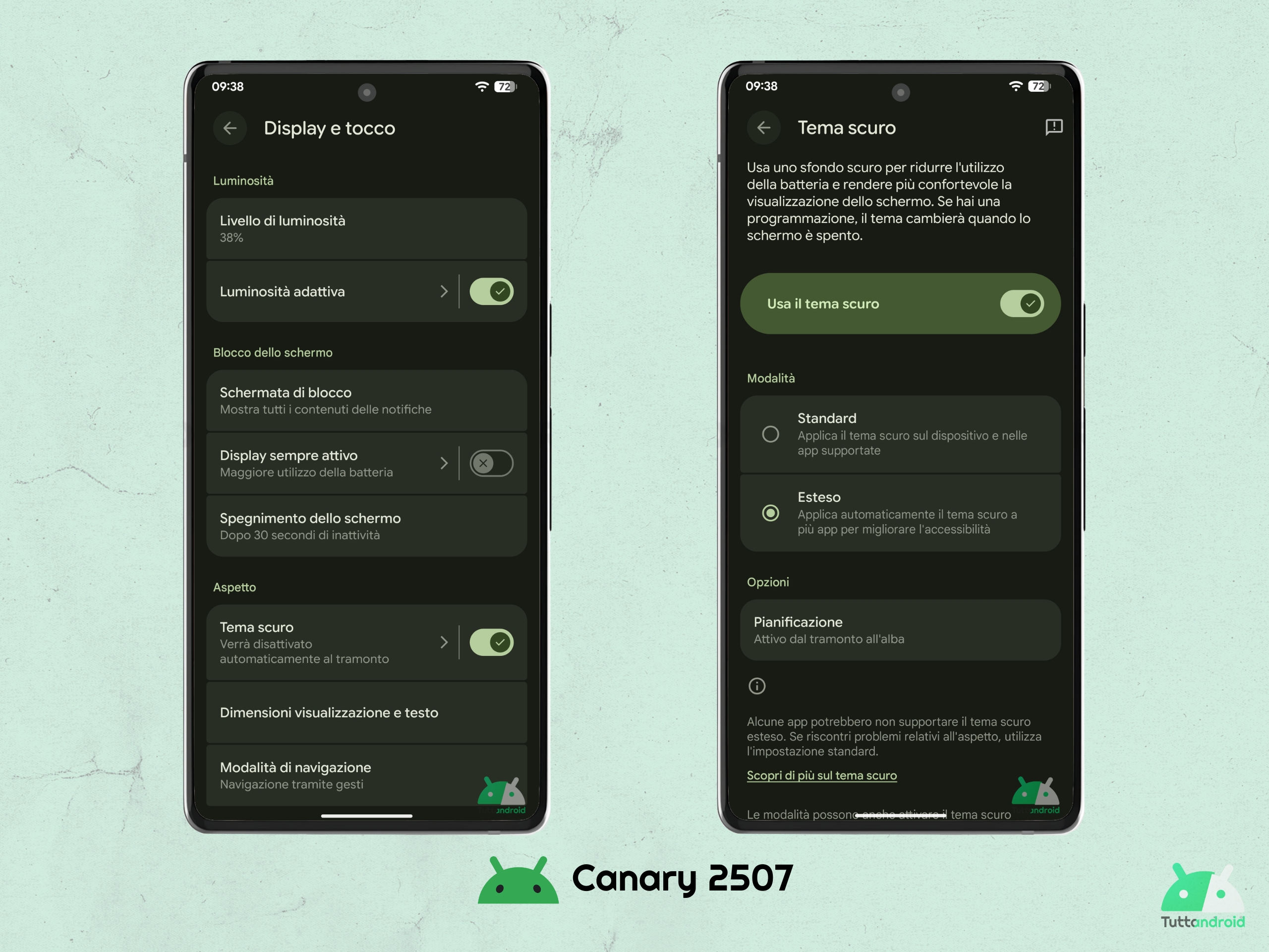 Android CANARY 202507 - Impostazioni - Display e tocco - Tema Scuro Esteso