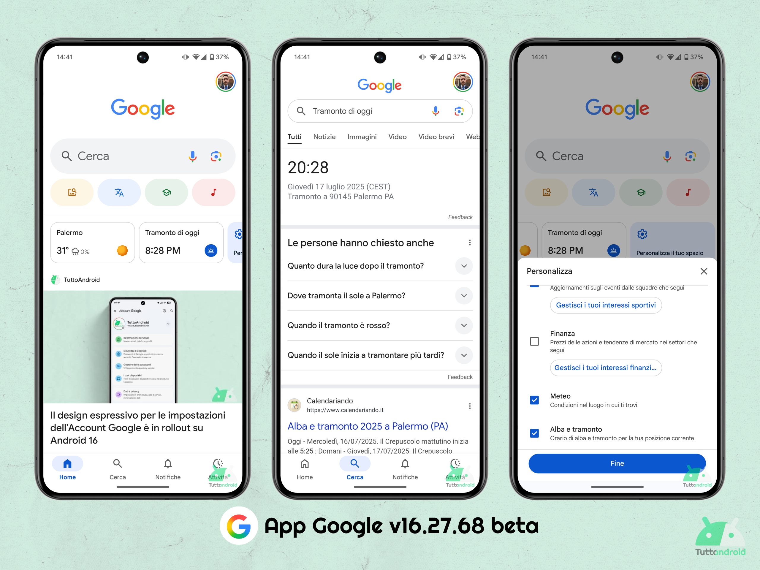App Google v16.27.68 beta - Scheda alba e tramonto Google Discover