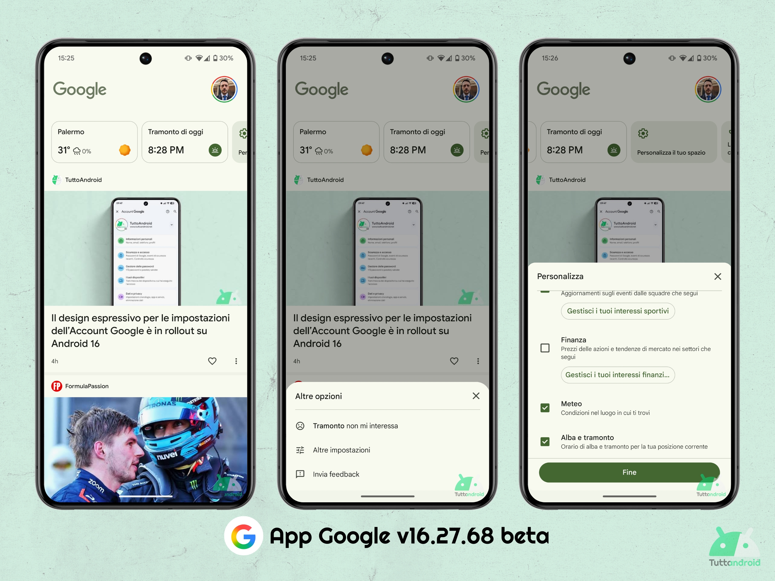 App Google v16.27.68 beta - Scheda alba e tramonto in Google Discover