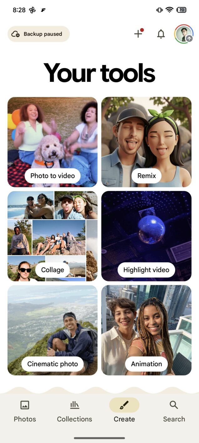 Google Foto v7.38 - nuova UI scheda Crea AA