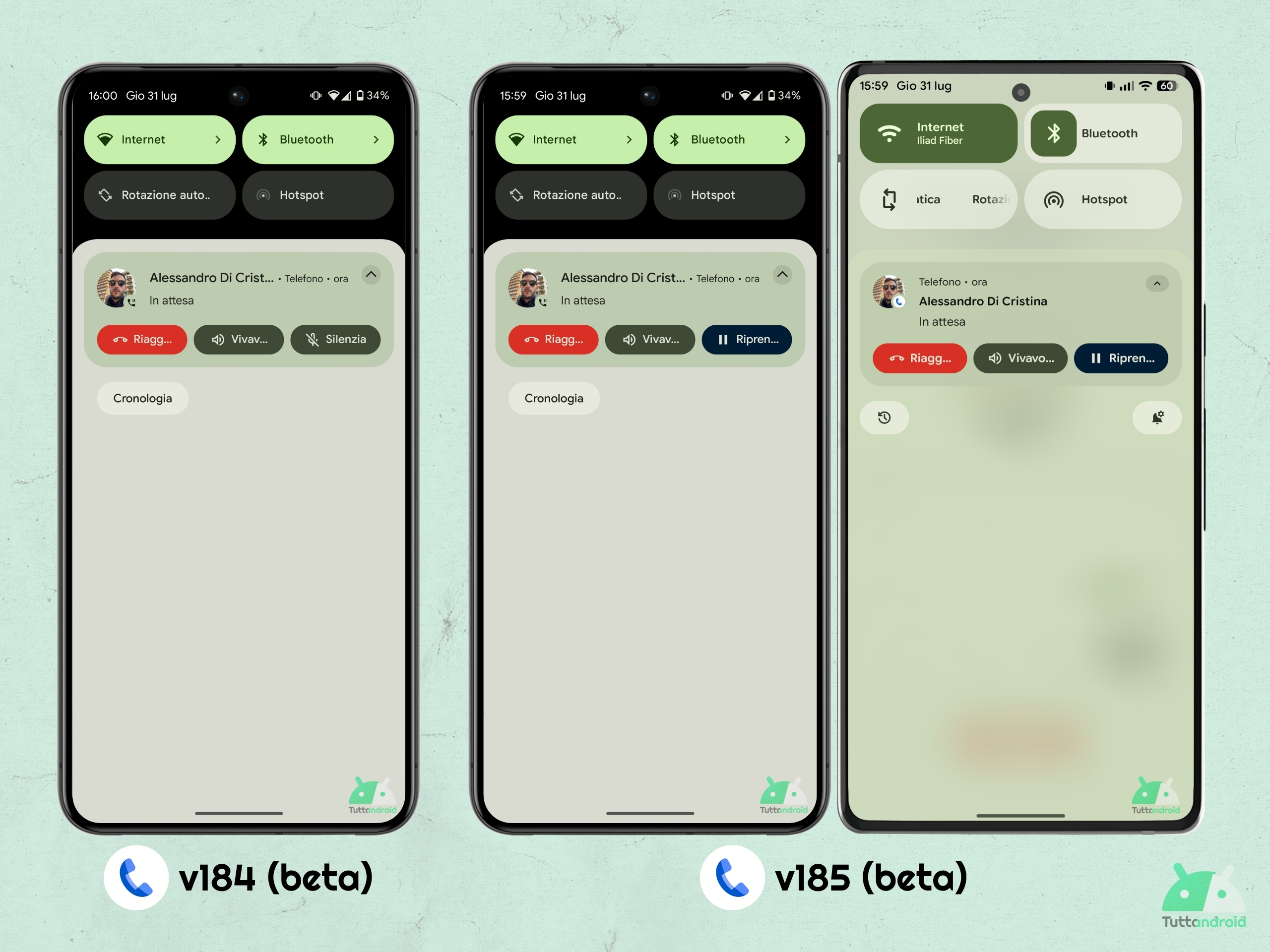 Google Telefono v185 beta - tasto Riprendi per le chiamate in attesa