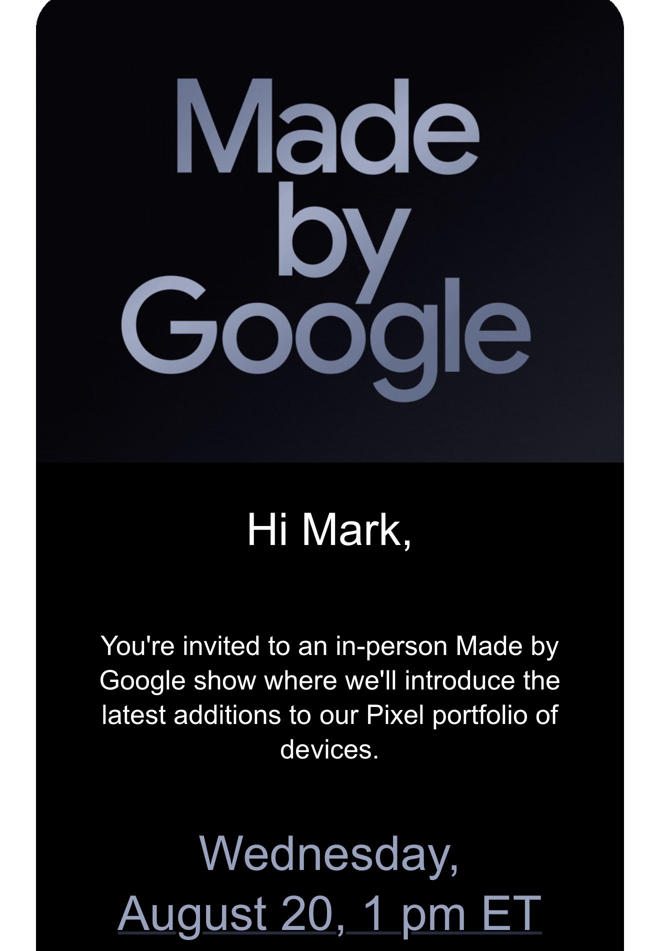Mail invito evento Made by Google '25 lancio Google Pixel 10 by Mark Gurman