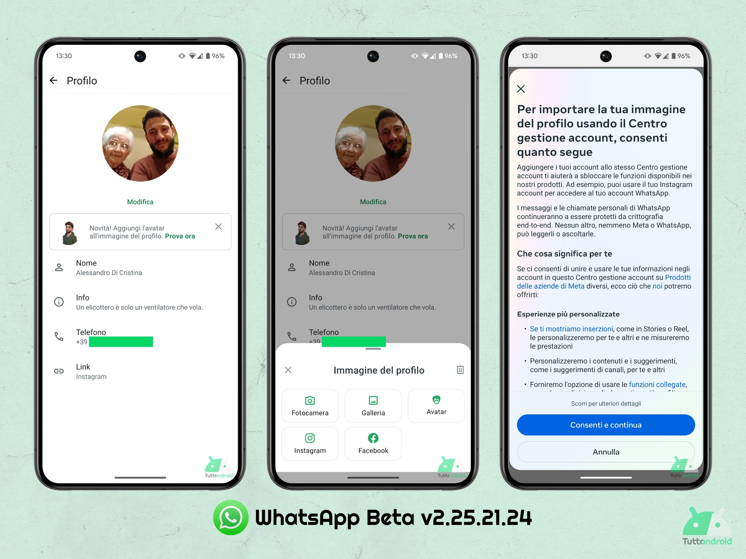 WhatsApp Beta v2.25.21.24 - Import immagine profilo da Instagram o Facebook