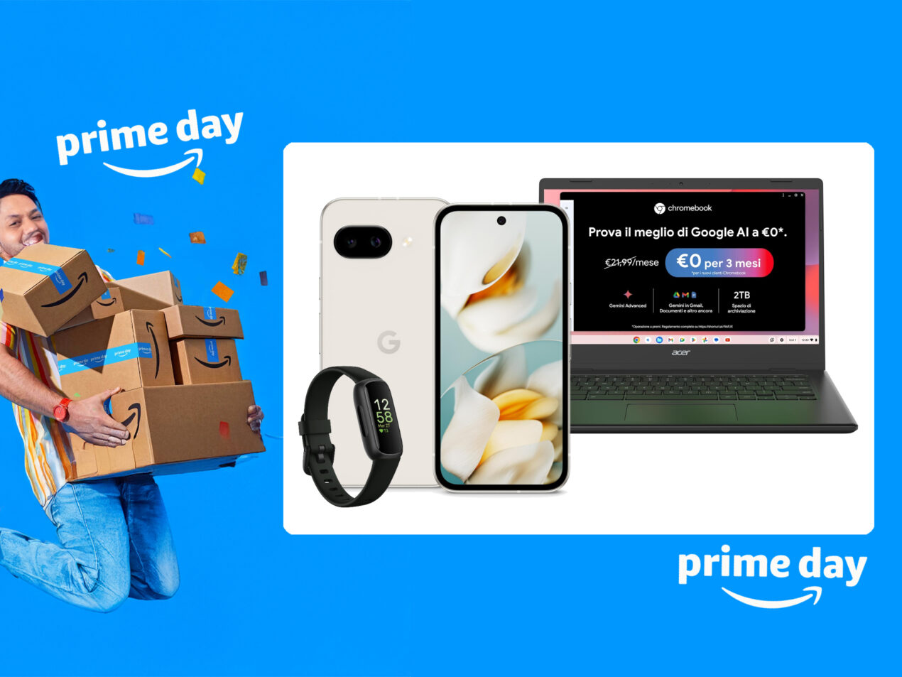 Google Pixel 9A in super offerta Prime Day con doppio regalo: Chromebook e SmartBand