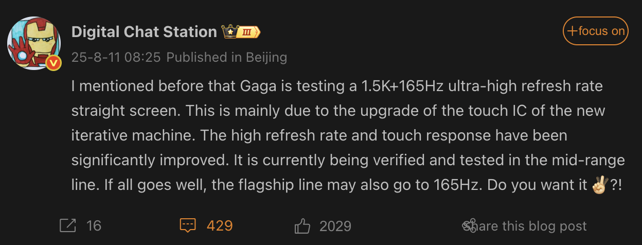 OnePlus Ace 6 rumor 165 Hz