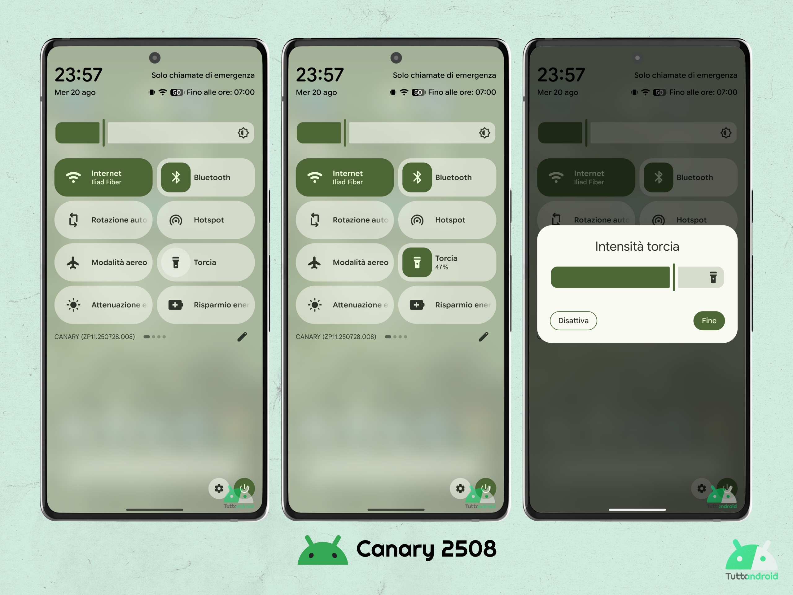 Android CANARY 202508 - Centro di controllo - regola intensità torcia