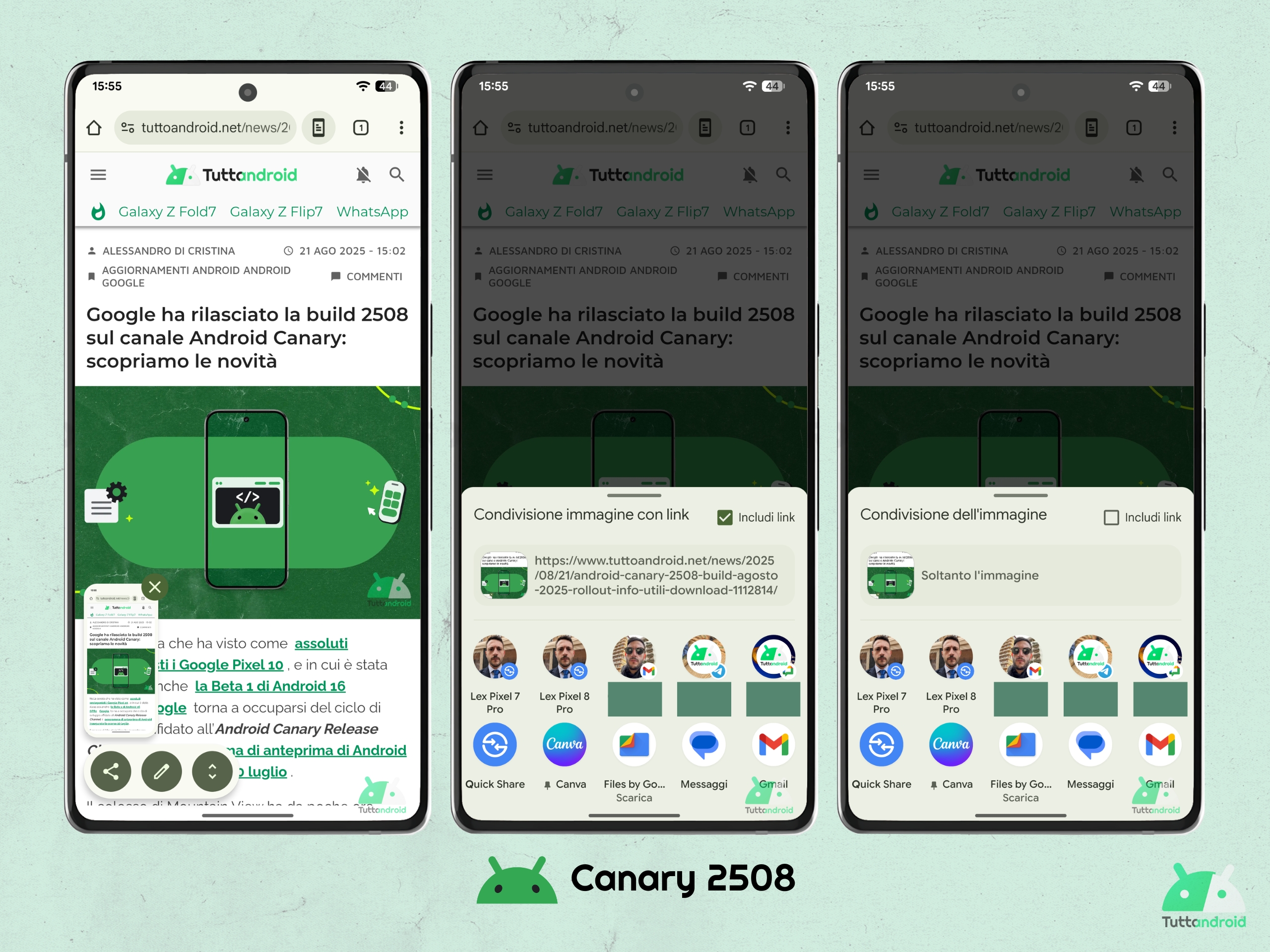 Android CANARY 202508 - Screenshot con condivisione immagine e link