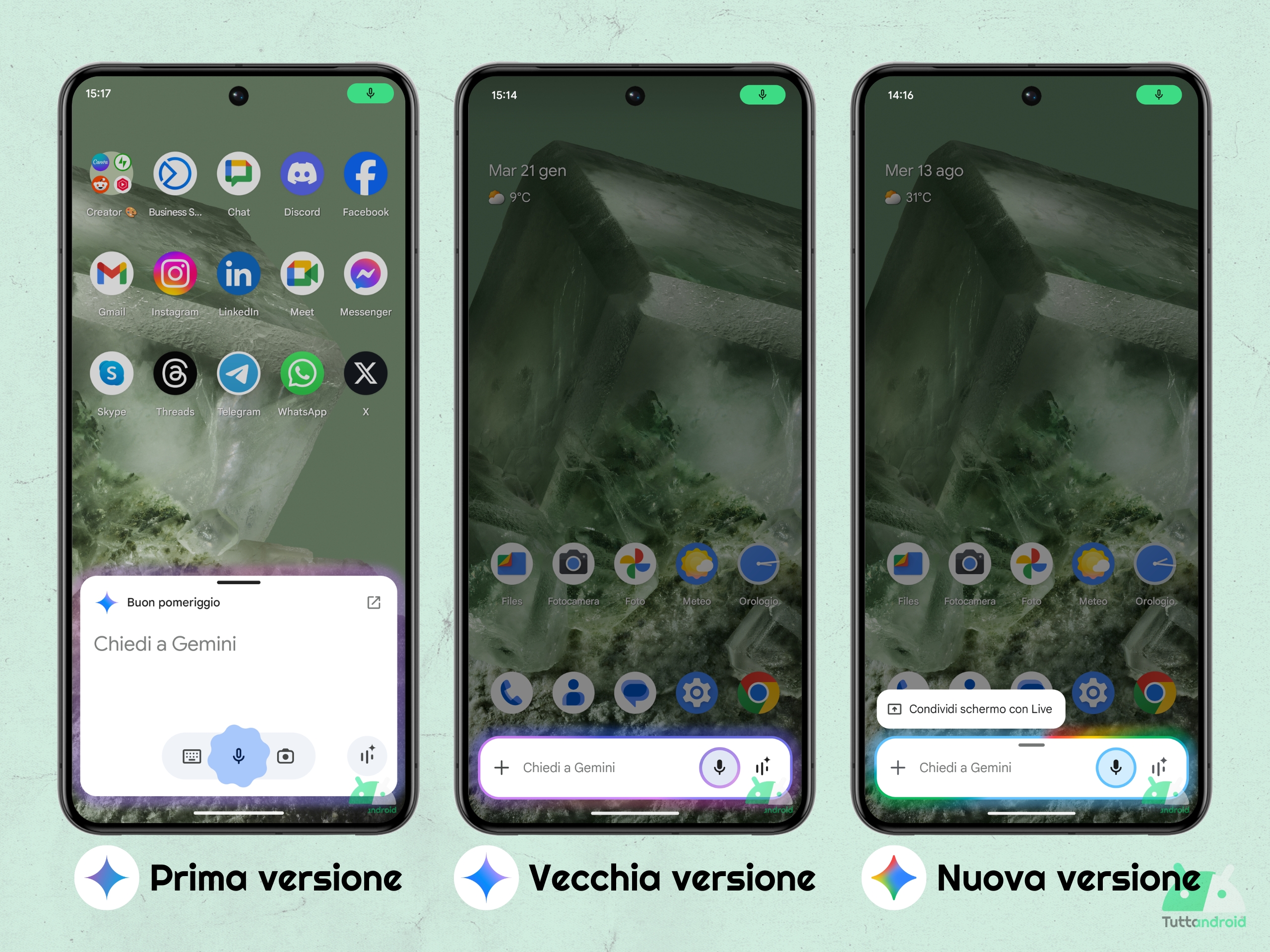 App Google - Gemini - Confronto overlay (2024, precedente, agosto 2025)