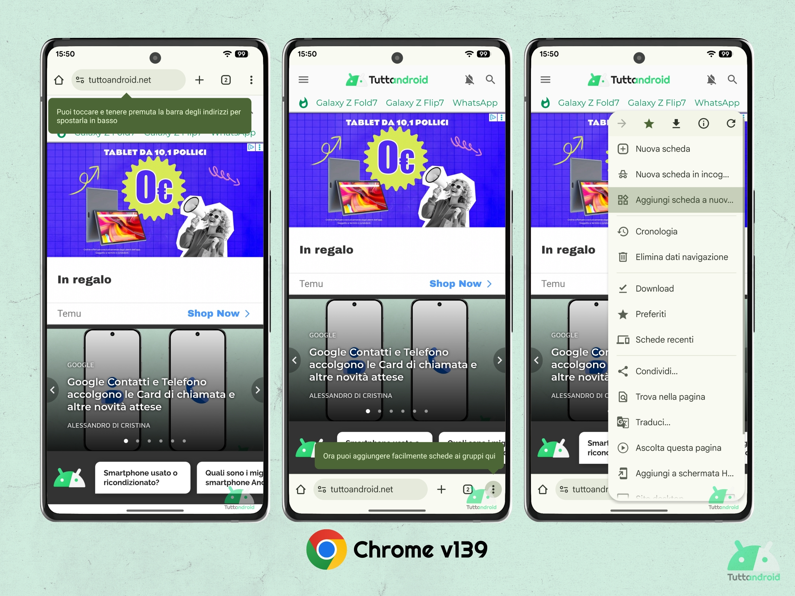 Google Chrome v139 - Sposta barra degli indirizzi e aggiungi scheda a un gruppo