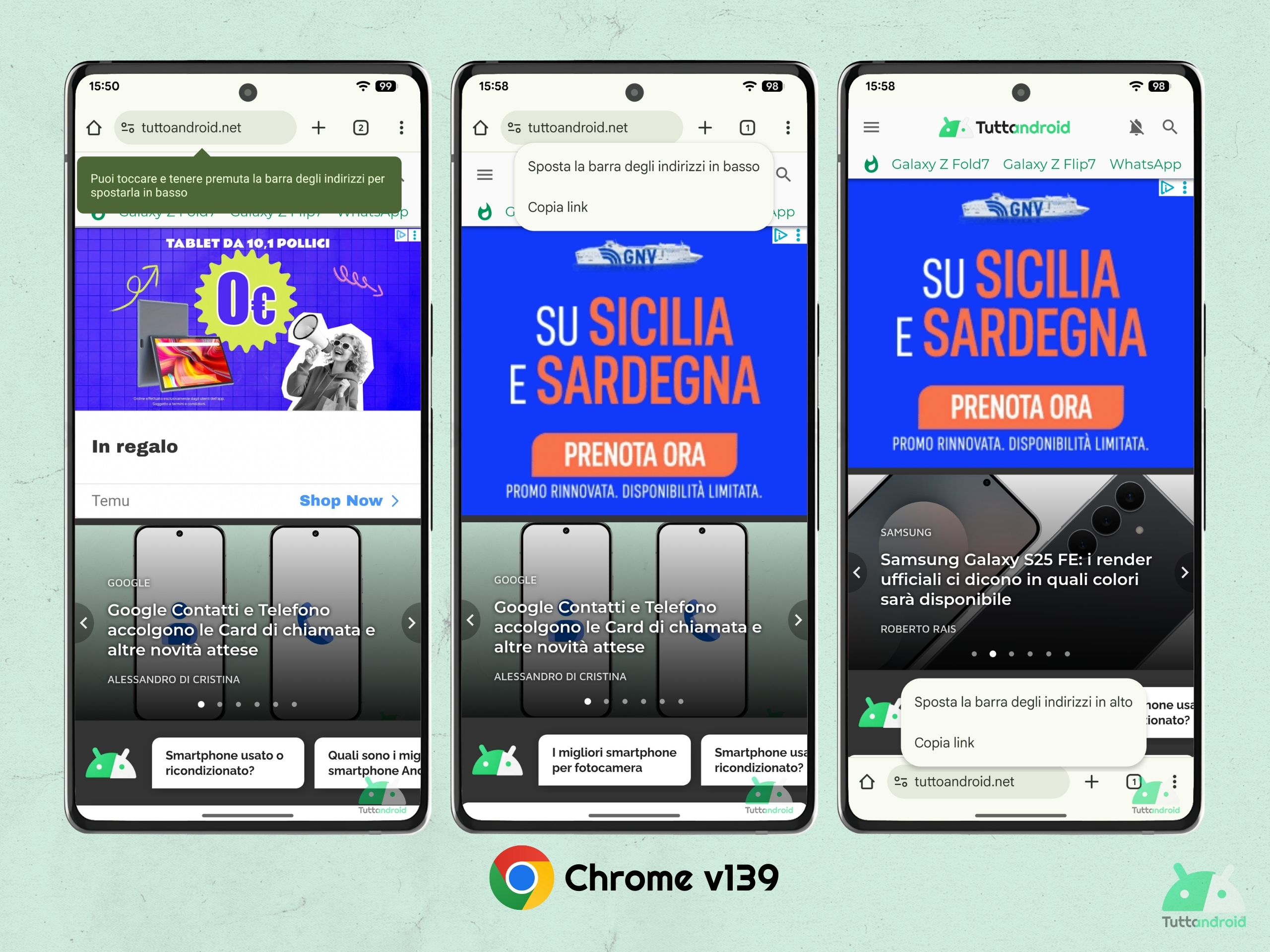Google Chrome v139 - Sposta barra degli indirizzi e opzione copia link