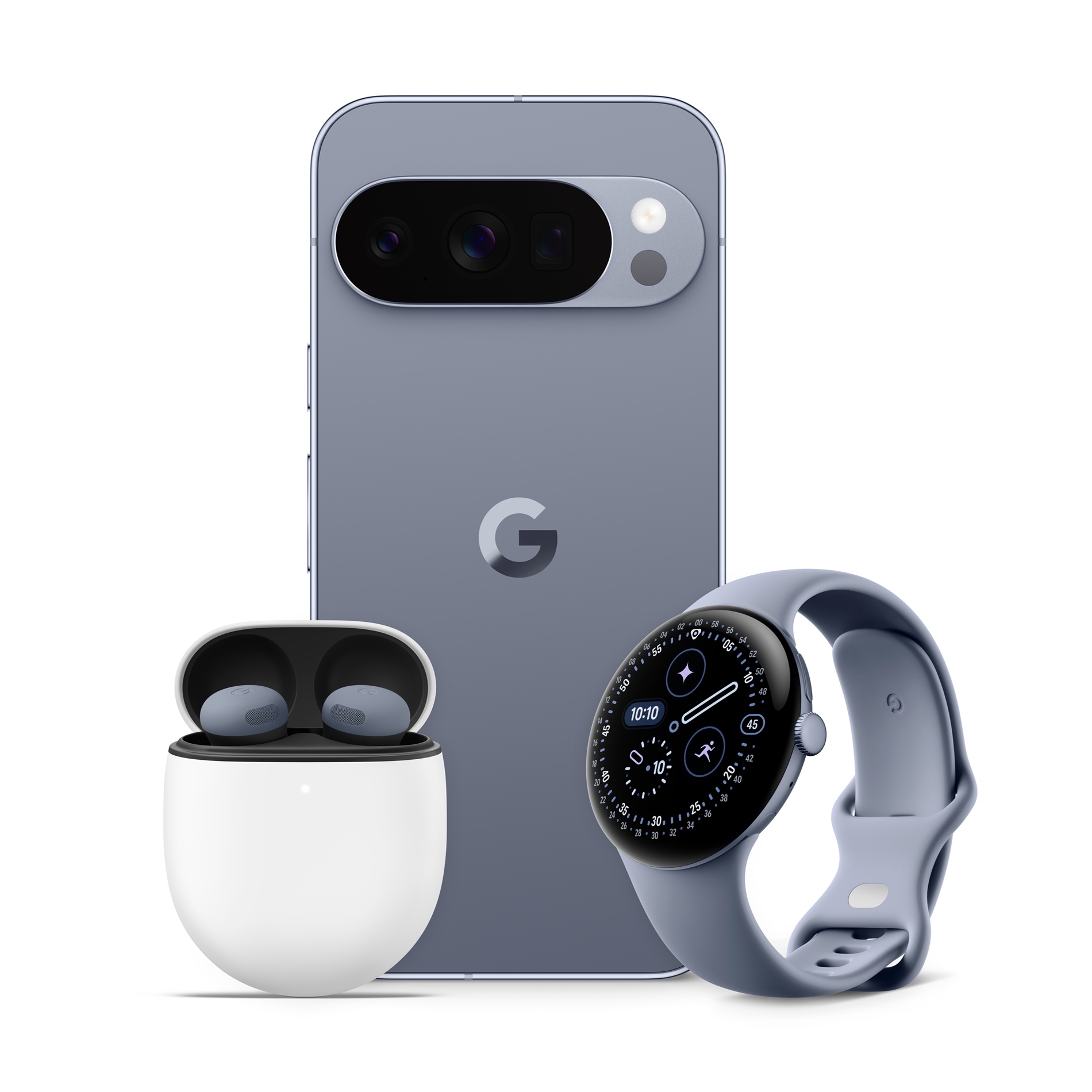 Google Pixel Buds Pro 2 in colorazione Moonstone con Google Pixel 10 Pro XL e Google Pixel Watch 4 (45 mm)