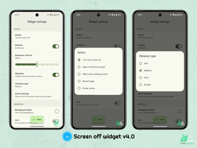 Screen off Widget v4.0 personalizzazione azioni